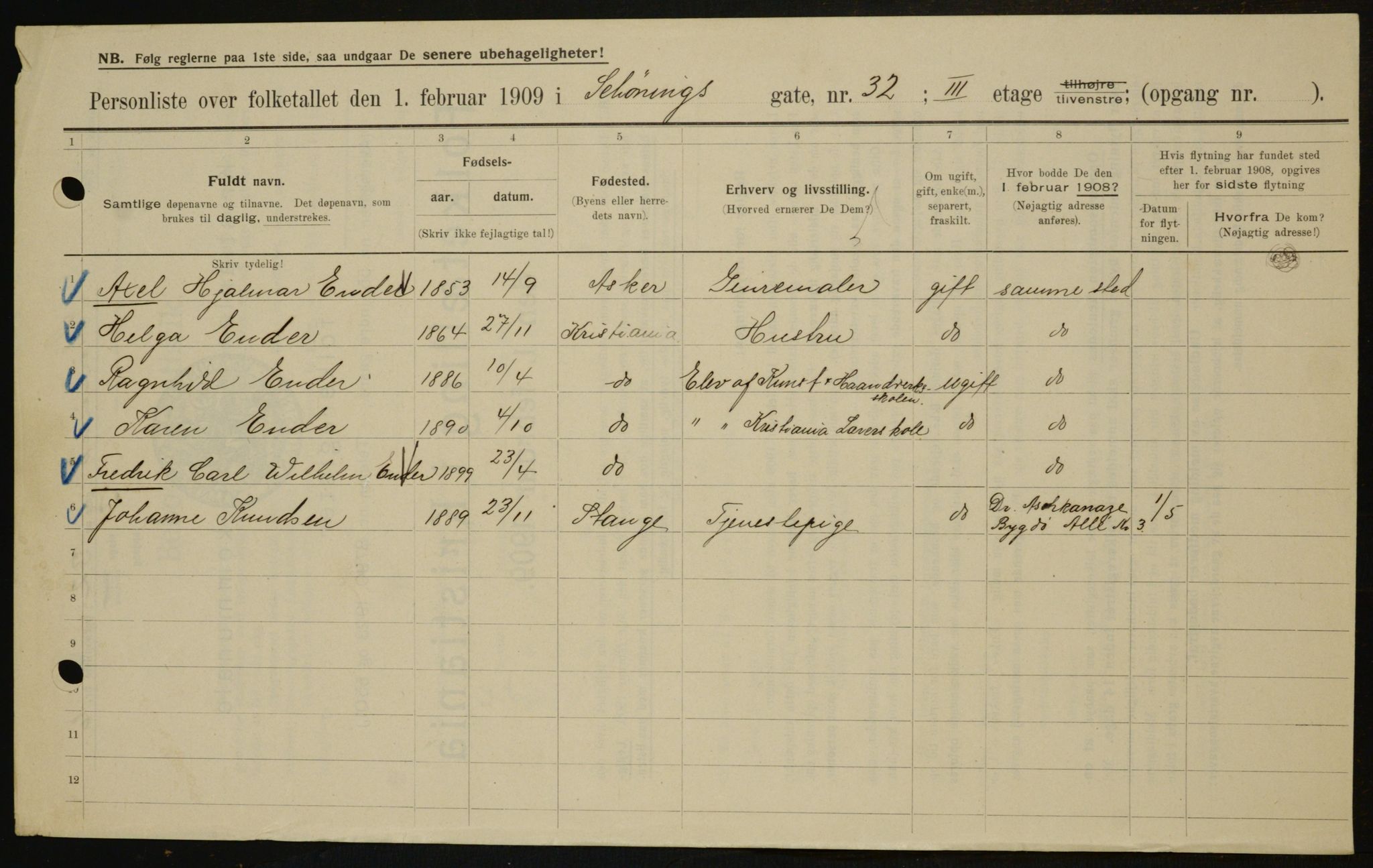 OBA, Municipal Census 1909 for Kristiania, 1909, p. 85107