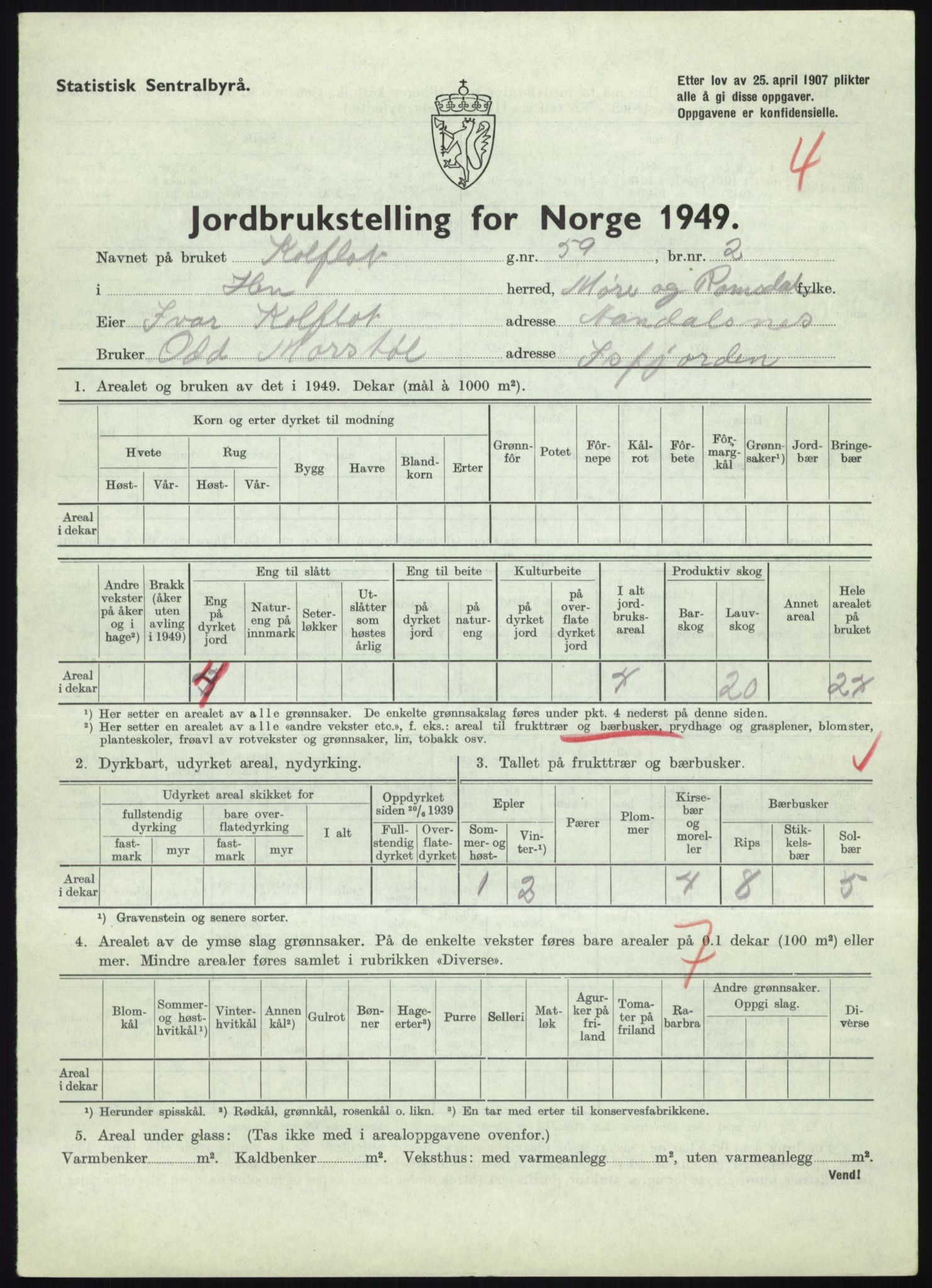 Statistisk sentralbyrå, Næringsøkonomiske emner, Jordbruk, skogbruk, jakt, fiske og fangst, AV/RA-S-2234/G/Gc/L0323: Møre og Romsdal: Grytten og Hen, 1949, p. 499