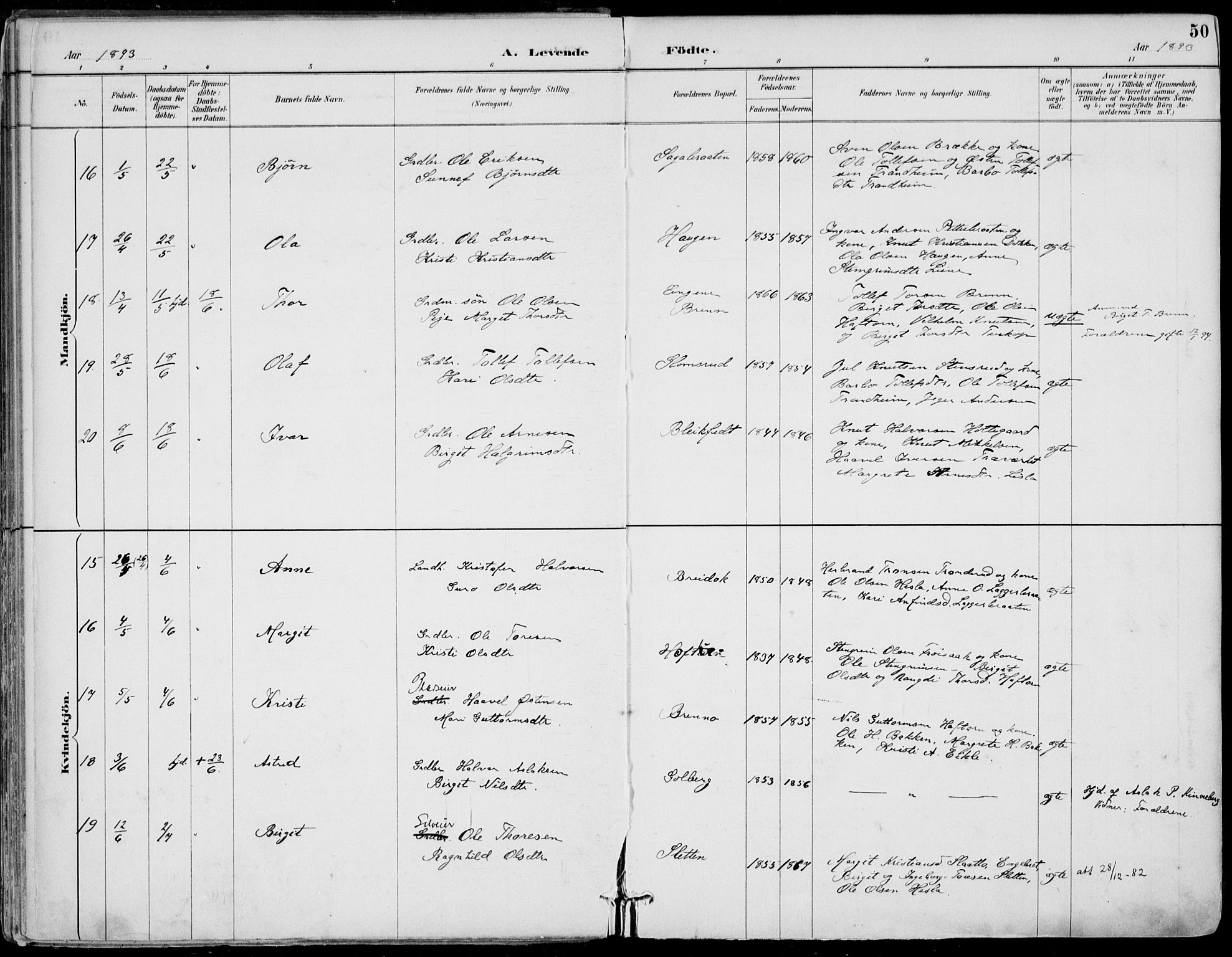 Gol kirkebøker, AV/SAKO-A-226/F/Fa/L0005: Parish register (official) no. I 5, 1887-1900, p. 50