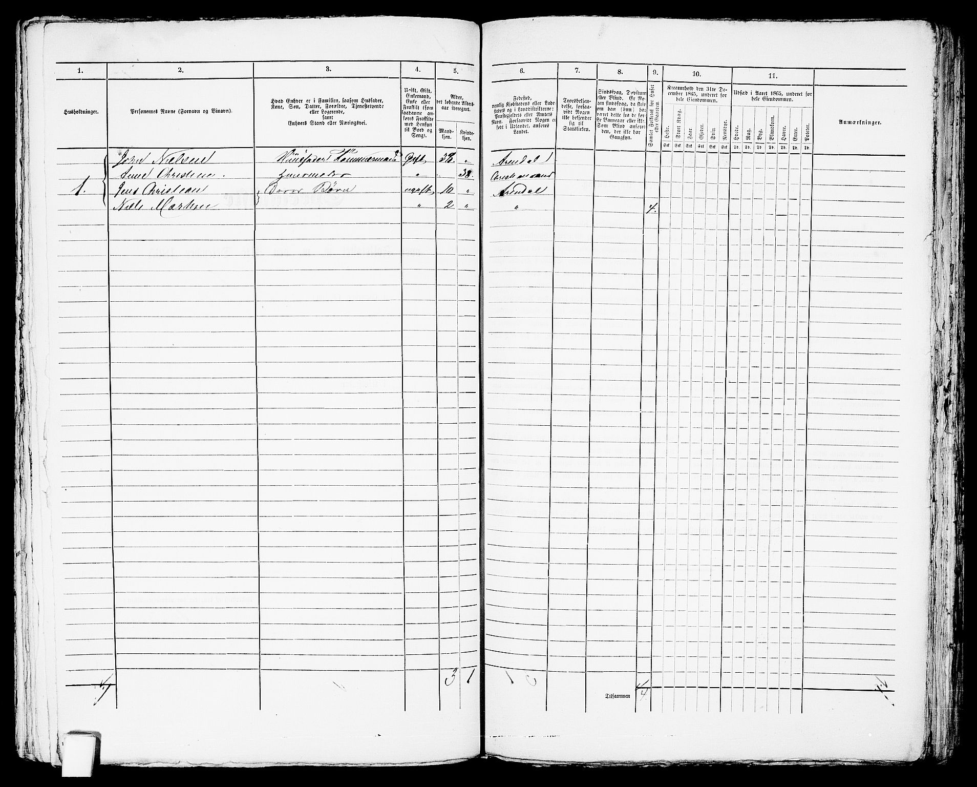 RA, 1865 census for Arendal, 1865, p. 200