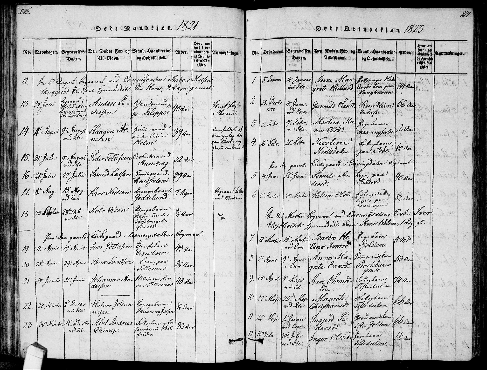 Idd prestekontor Kirkebøker, AV/SAO-A-10911/F/Fc/L0002: Parish register (official) no. III 2, 1815-1831, p. 216-217