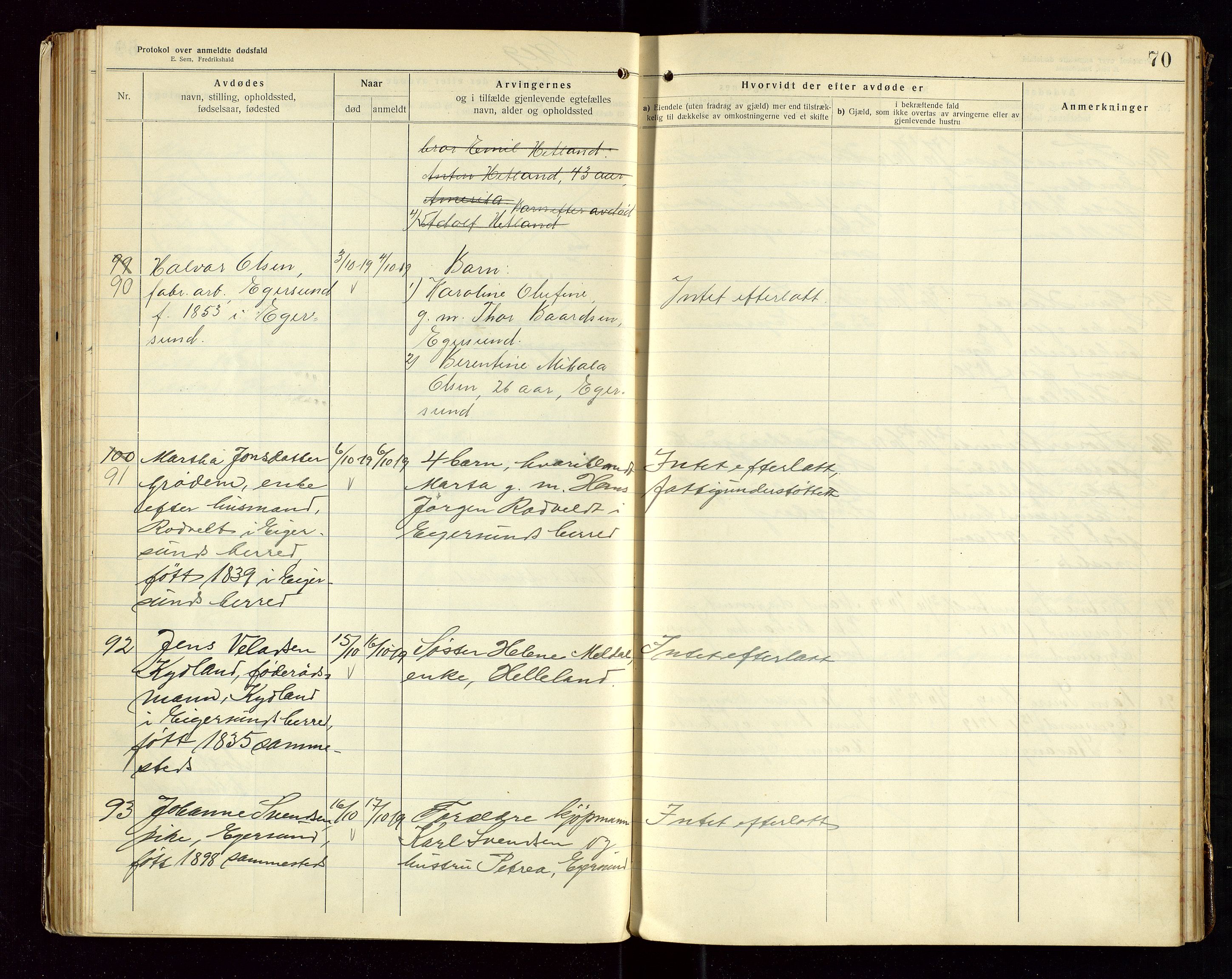Eigersund lensmannskontor, AV/SAST-A-100171/Gga/L0007: "Protokol over anmeldte dødsfald" m/alfabetisk navneregister, 1917-1920, p. 70