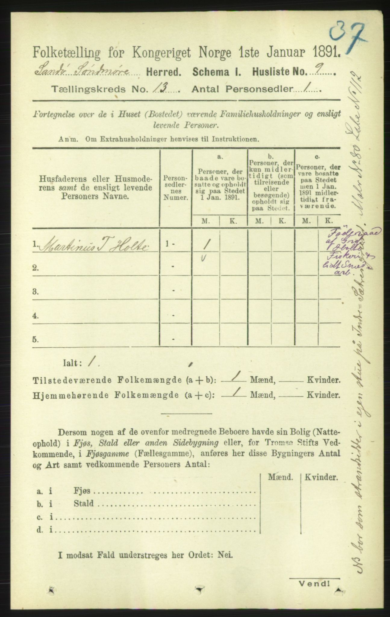 RA, 1891 census for 1514 Sande, 1891, p. 2411