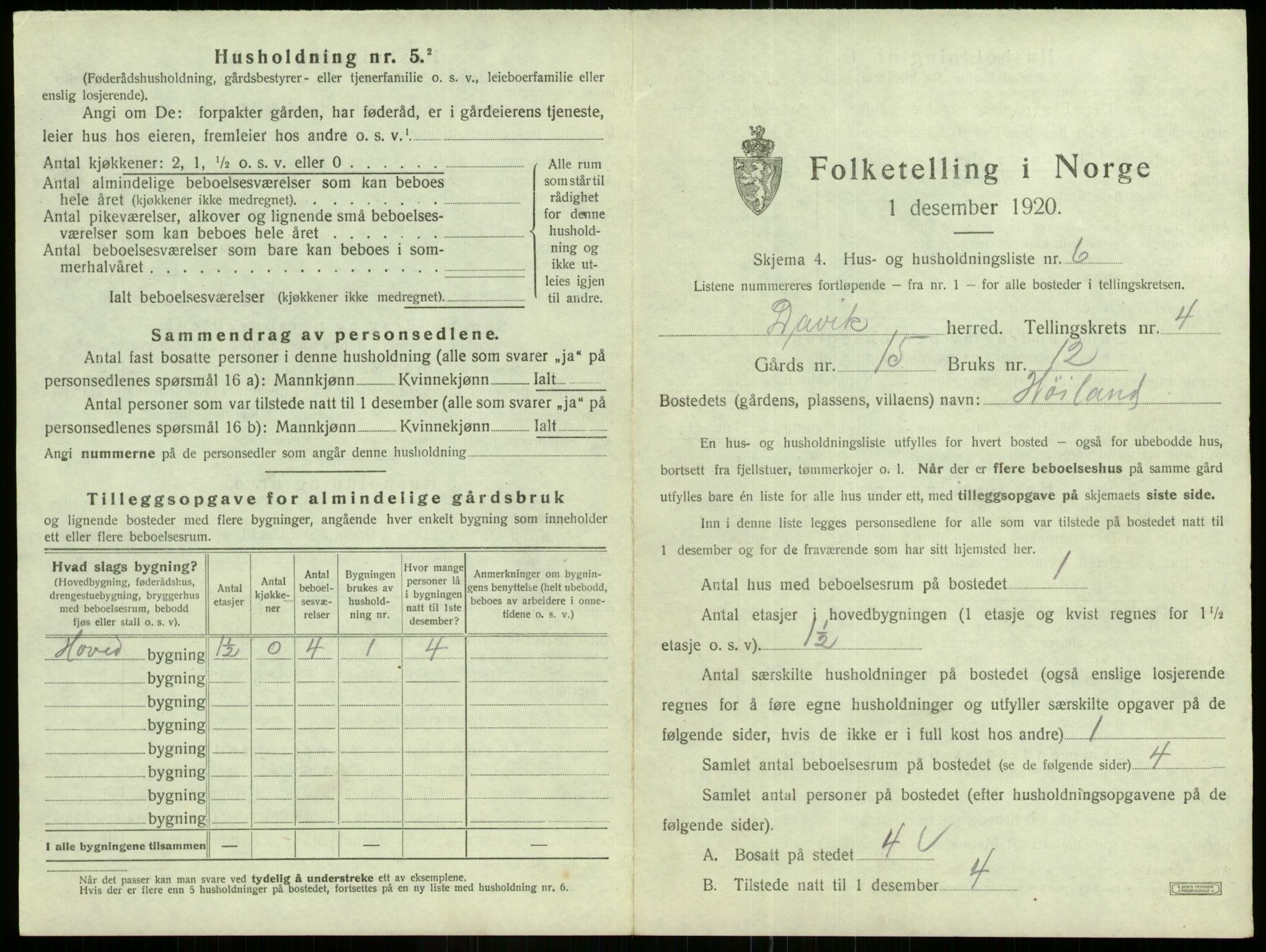 SAB, 1920 census for Davik, 1920, p. 209