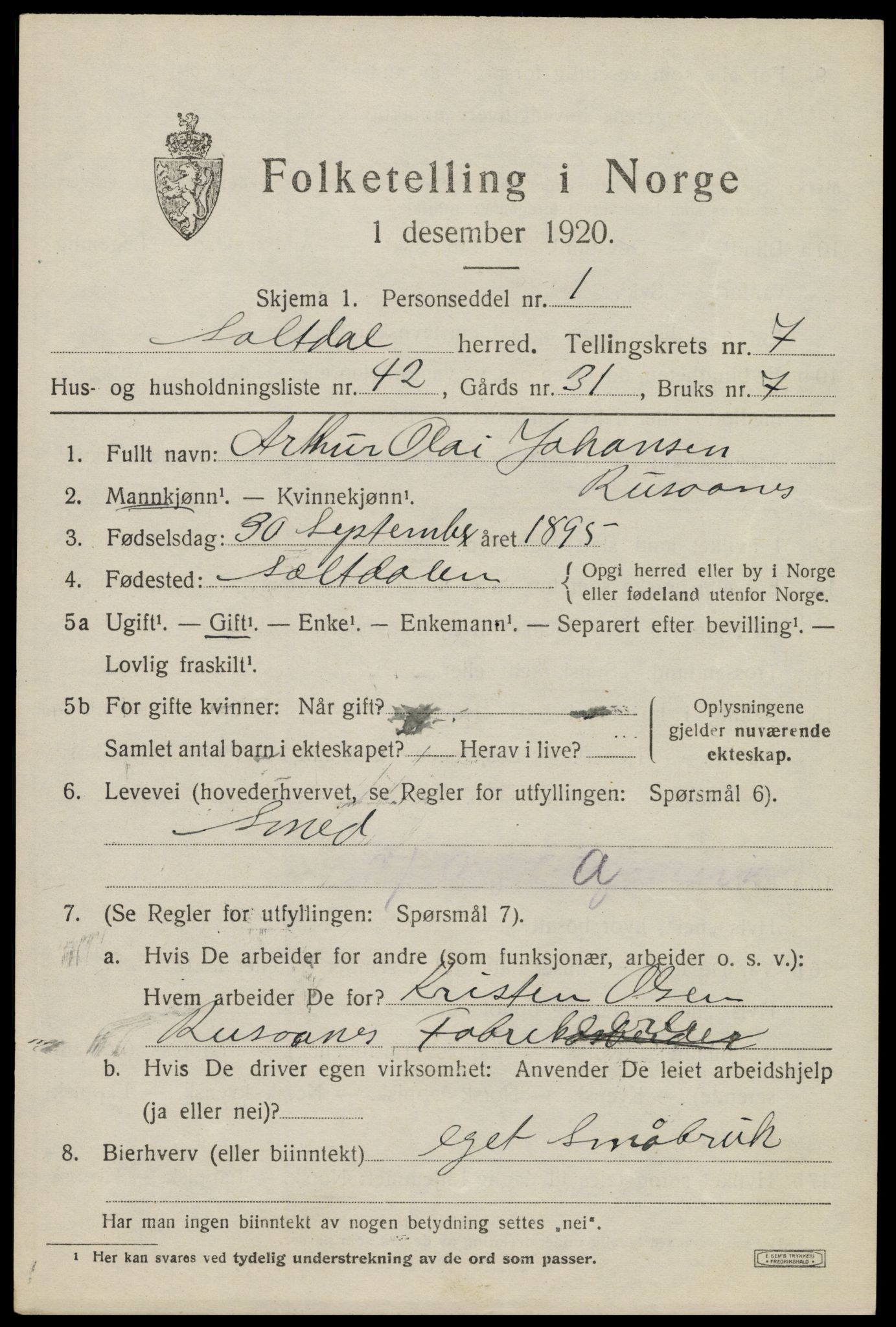 SAT, 1920 census for Saltdal, 1920, p. 8407