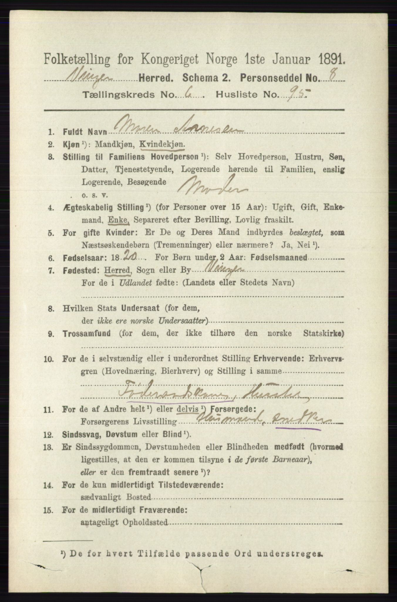 RA, 1891 census for 0421 Vinger, 1891, p. 3167