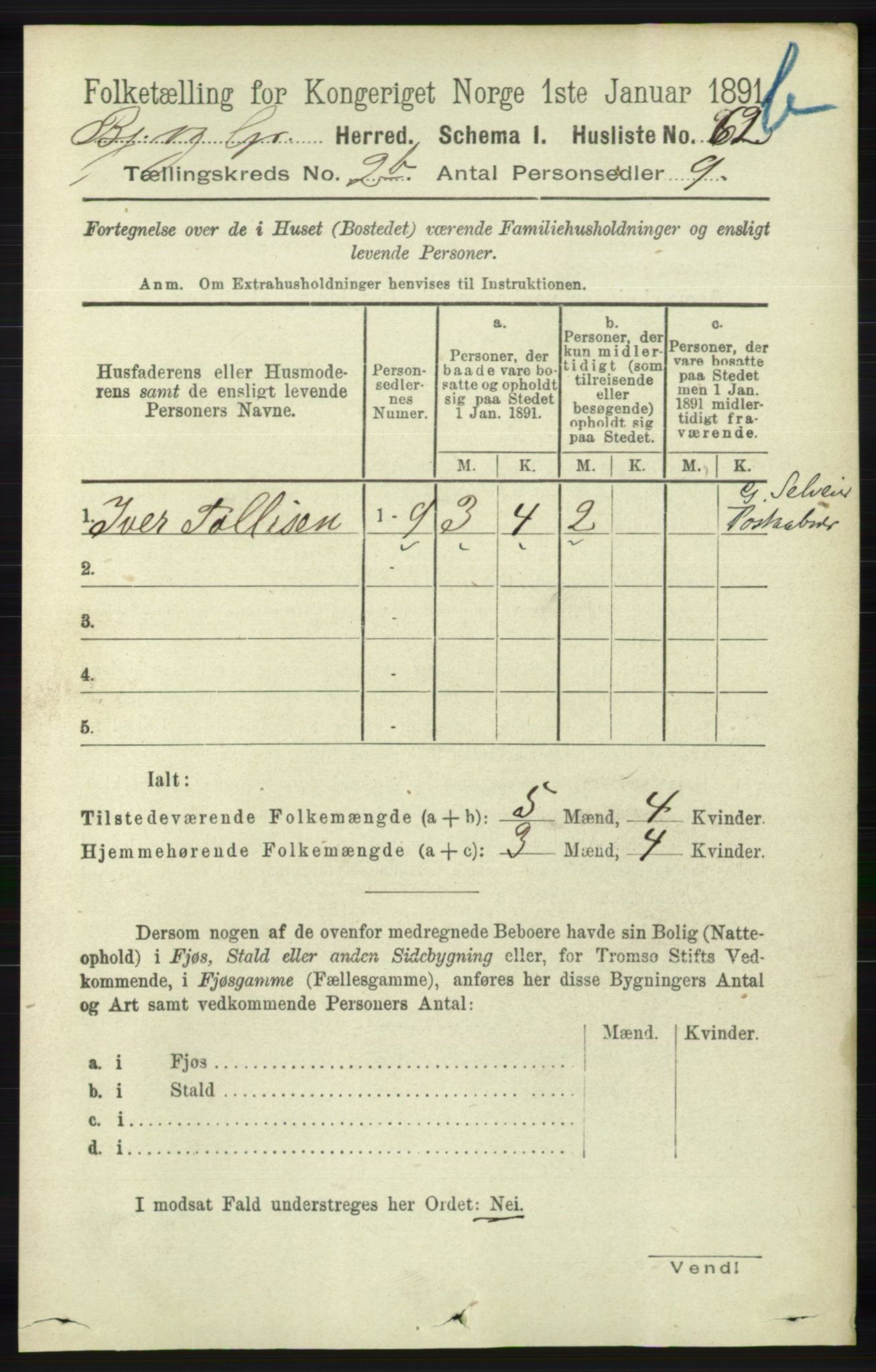 RA, 1891 census for 1024 Bjelland og Grindheim, 1891, p. 305