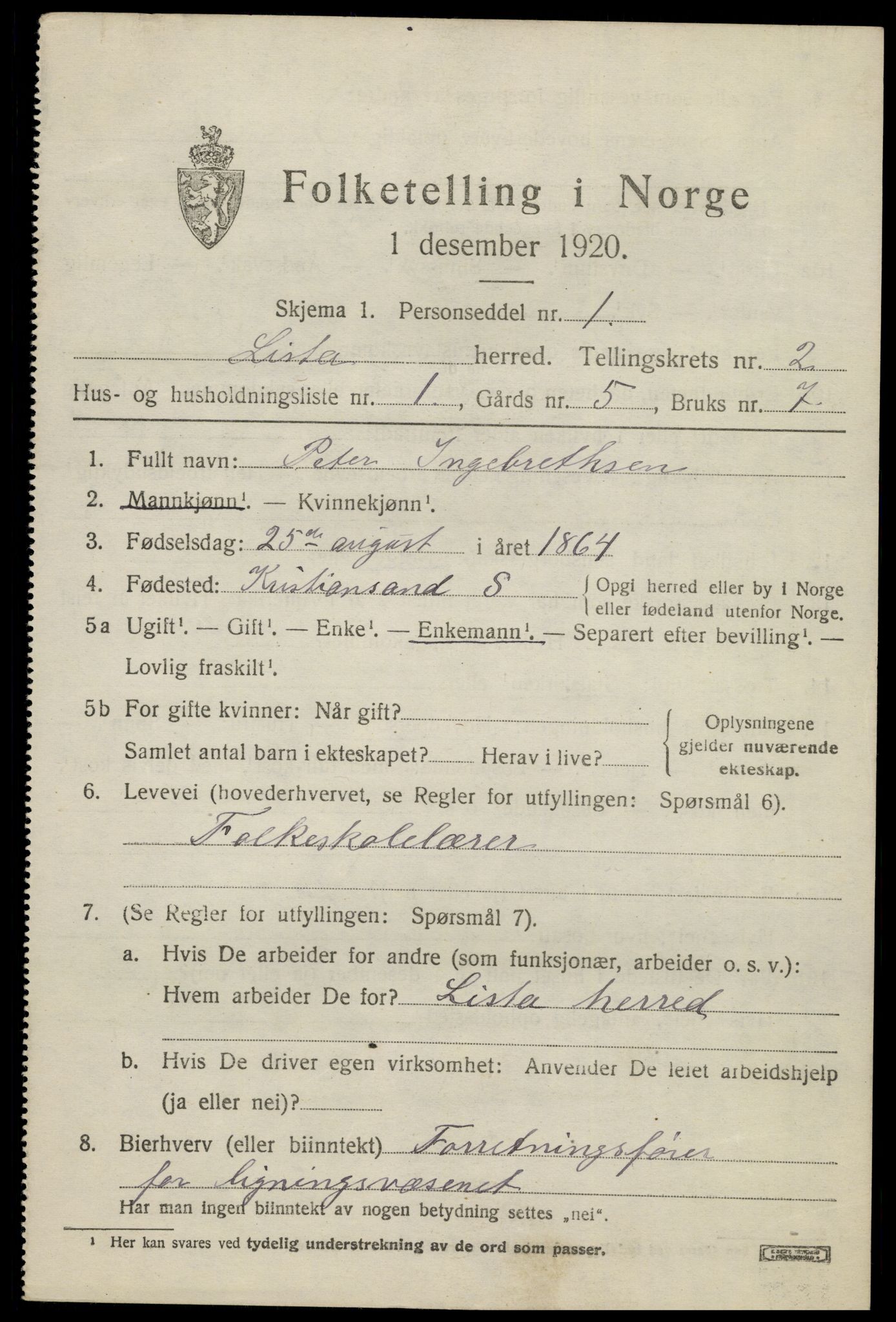 SAK, 1920 census for Lista, 1920, p. 3589