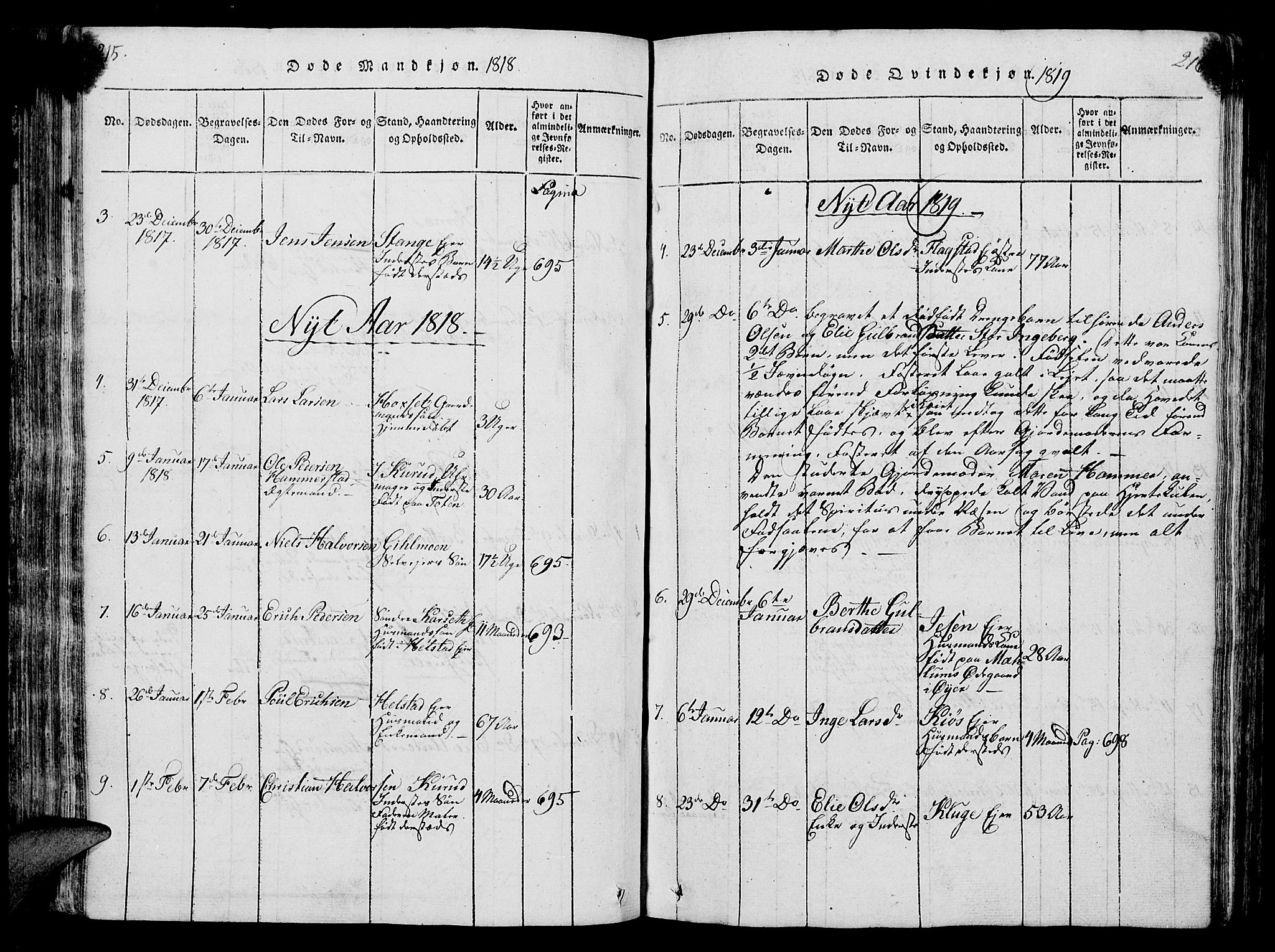 Vang prestekontor, Hedmark, SAH/PREST-008/H/Ha/Hab/L0004: Parish register (copy) no. 4, 1813-1827, p. 215-216