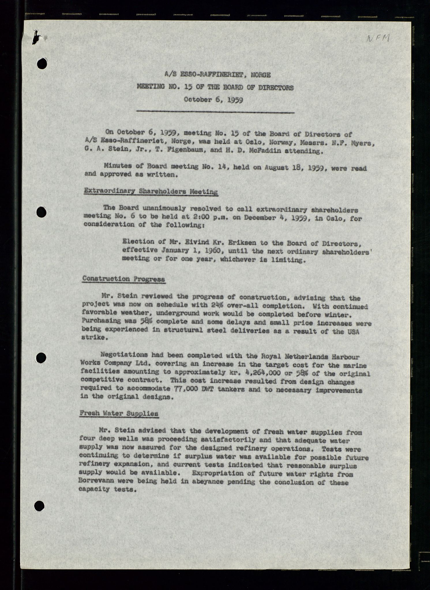 PA 1537 - A/S Essoraffineriet Norge, AV/SAST-A-101957/A/Aa/L0002/0001: Styremøter / Shareholder meetings, Board meeting minutes, 1957-1961, p. 106