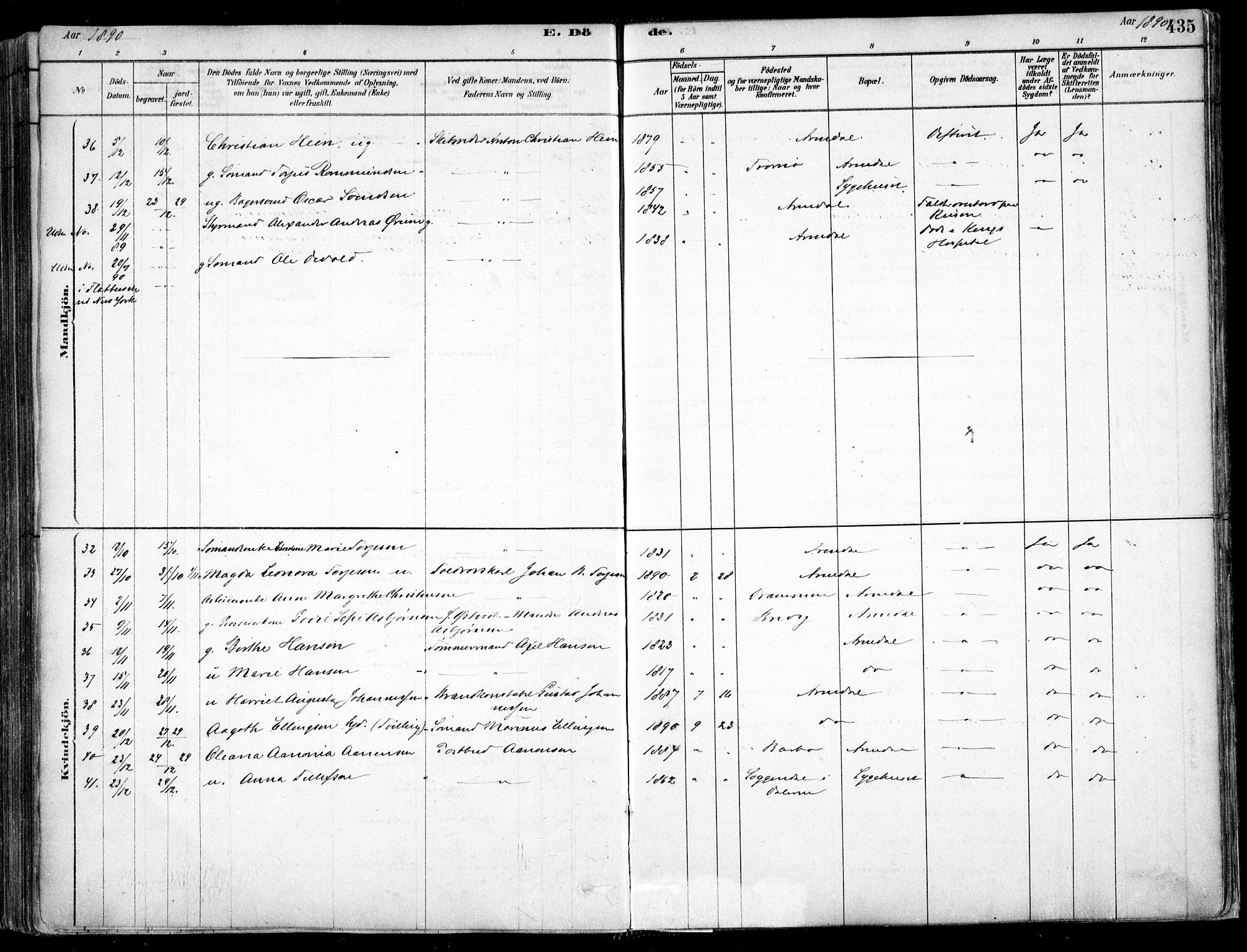 Arendal sokneprestkontor, Trefoldighet, AV/SAK-1111-0040/F/Fa/L0008: Parish register (official) no. A 8, 1878-1899, p. 435