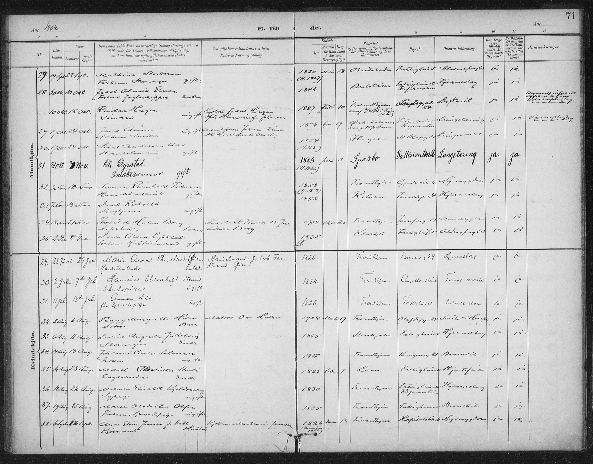 Ministerialprotokoller, klokkerbøker og fødselsregistre - Sør-Trøndelag, AV/SAT-A-1456/602/L0123: Parish register (official) no. 602A21, 1895-1910, p. 71