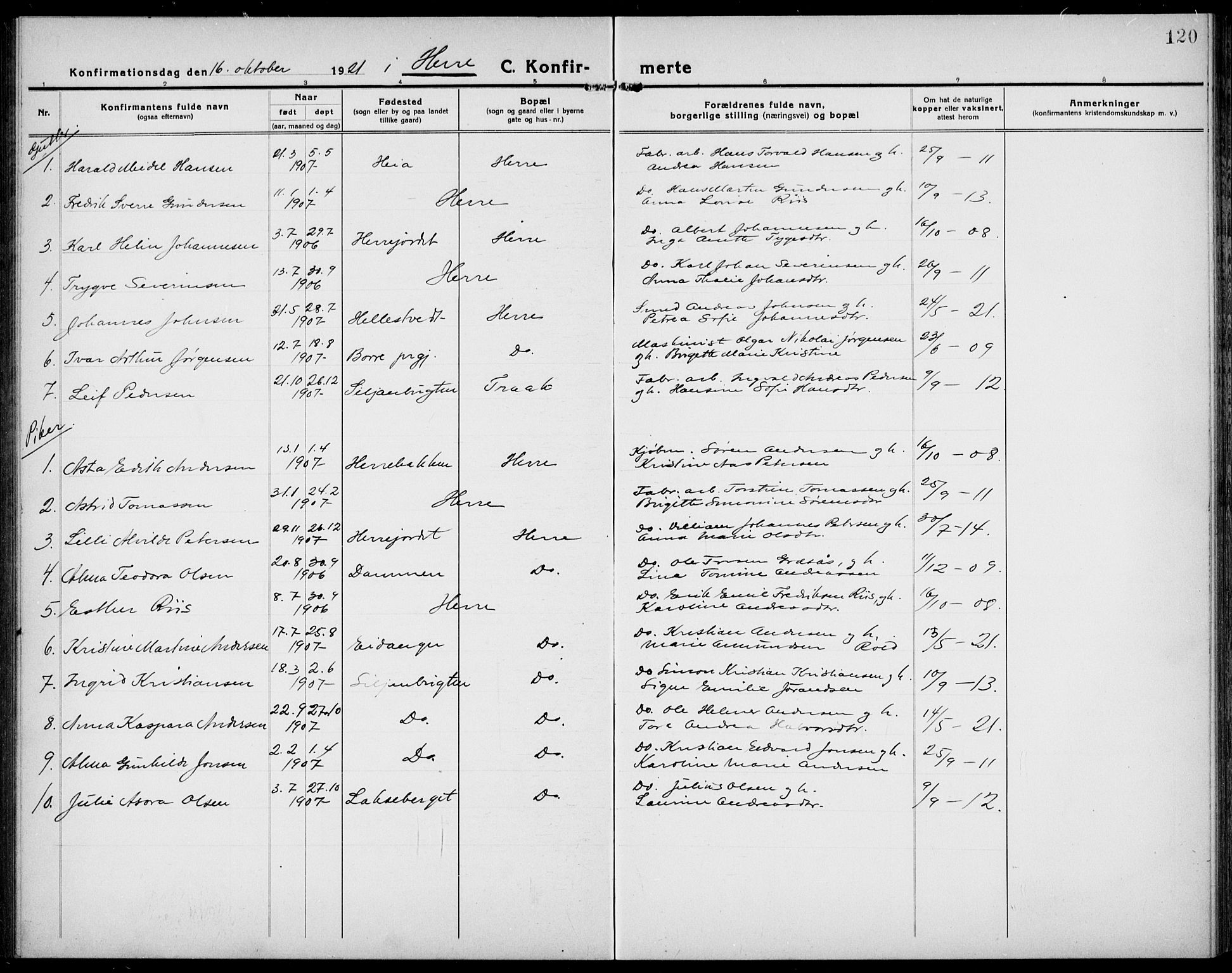 Bamble kirkebøker, AV/SAKO-A-253/G/Ga/L0011: Parish register (copy) no. I 11, 1920-1935, p. 120