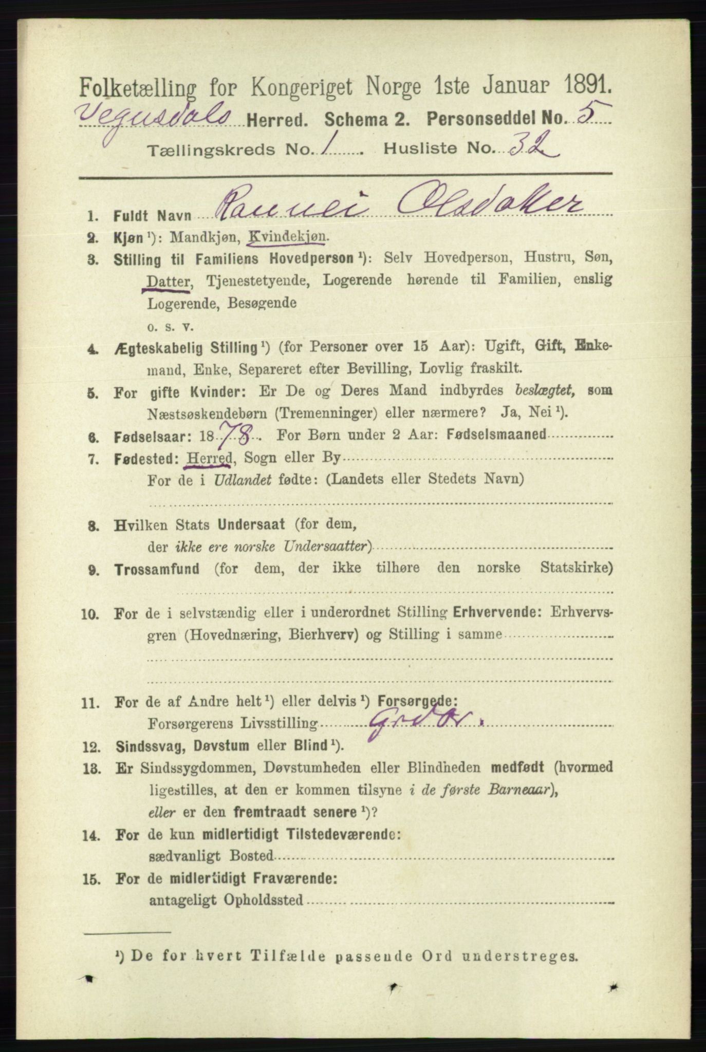 RA, 1891 census for 0934 Vegusdal, 1891, p. 277