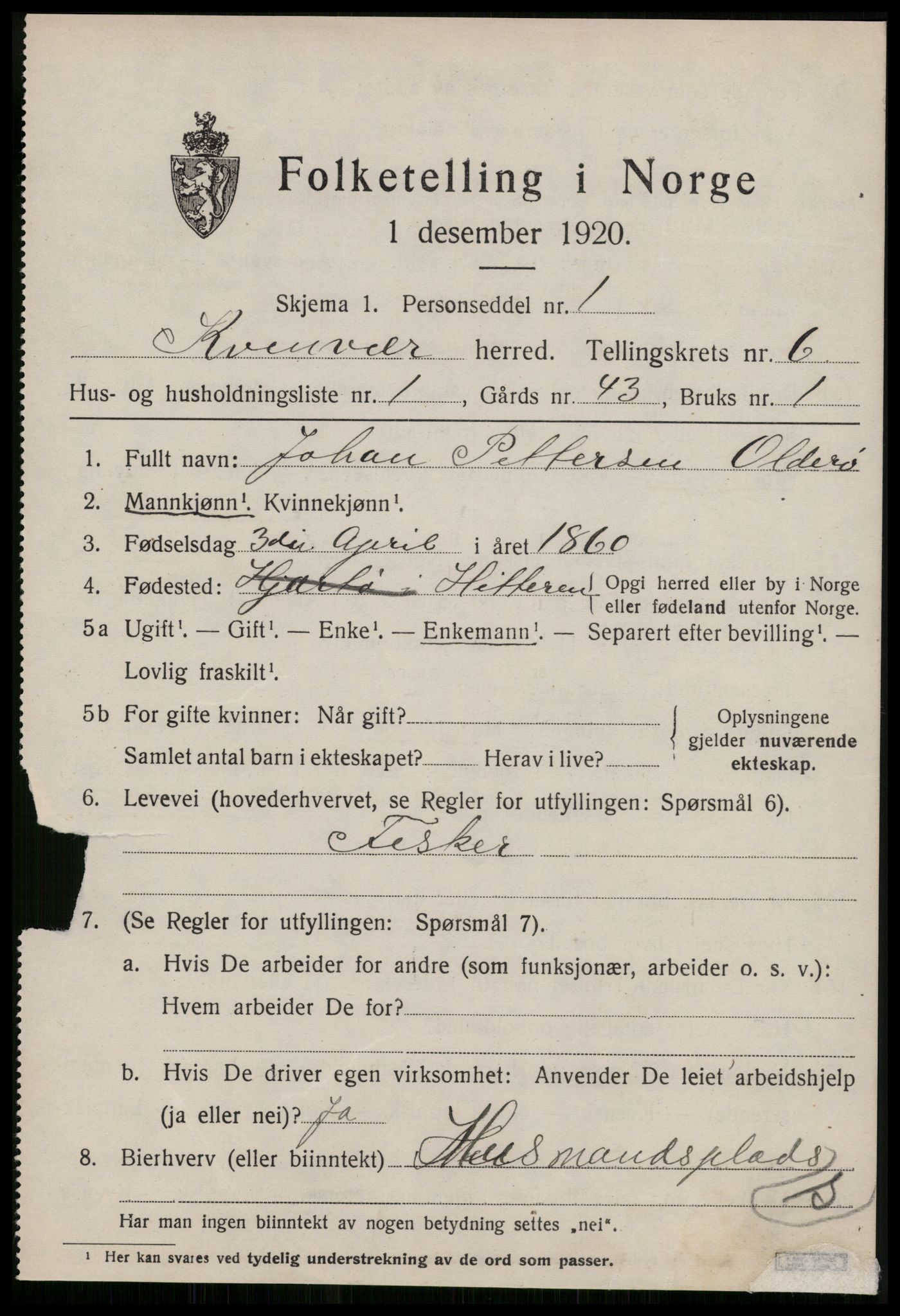 SAT, 1920 census for Kvenvær, 1920, p. 2104