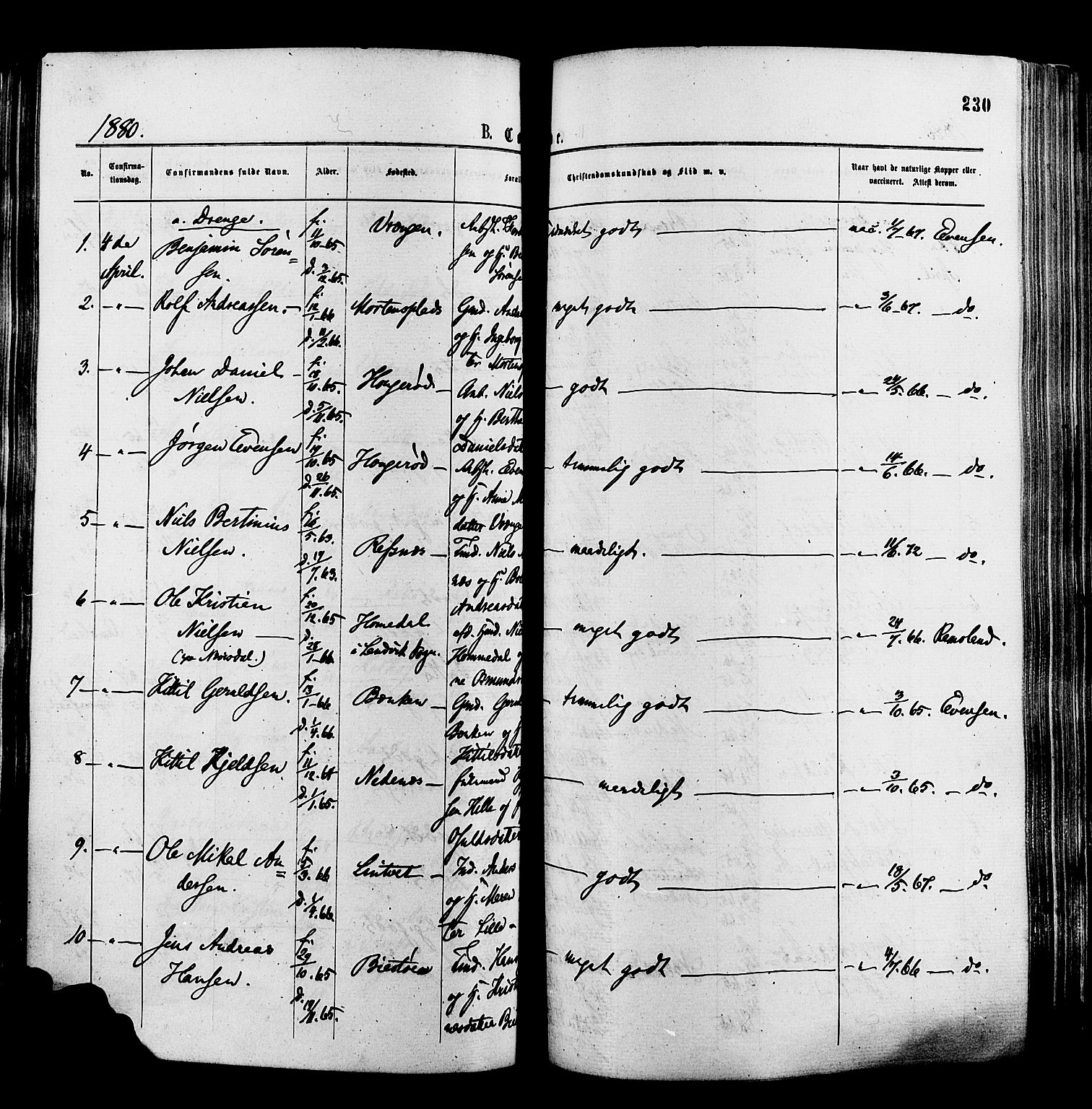 Øyestad sokneprestkontor, SAK/1111-0049/F/Fa/L0016: Parish register (official) no. A 16, 1874-1886, p. 230