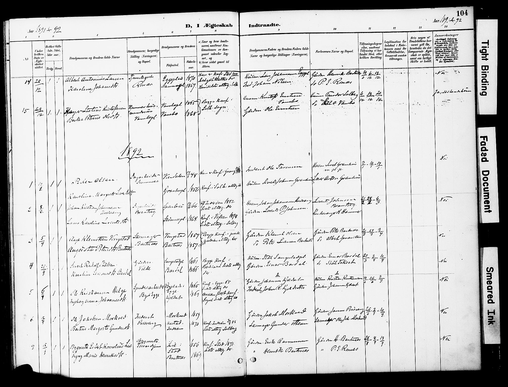 Ministerialprotokoller, klokkerbøker og fødselsregistre - Nord-Trøndelag, AV/SAT-A-1458/741/L0396: Parish register (official) no. 741A10, 1889-1901, p. 104