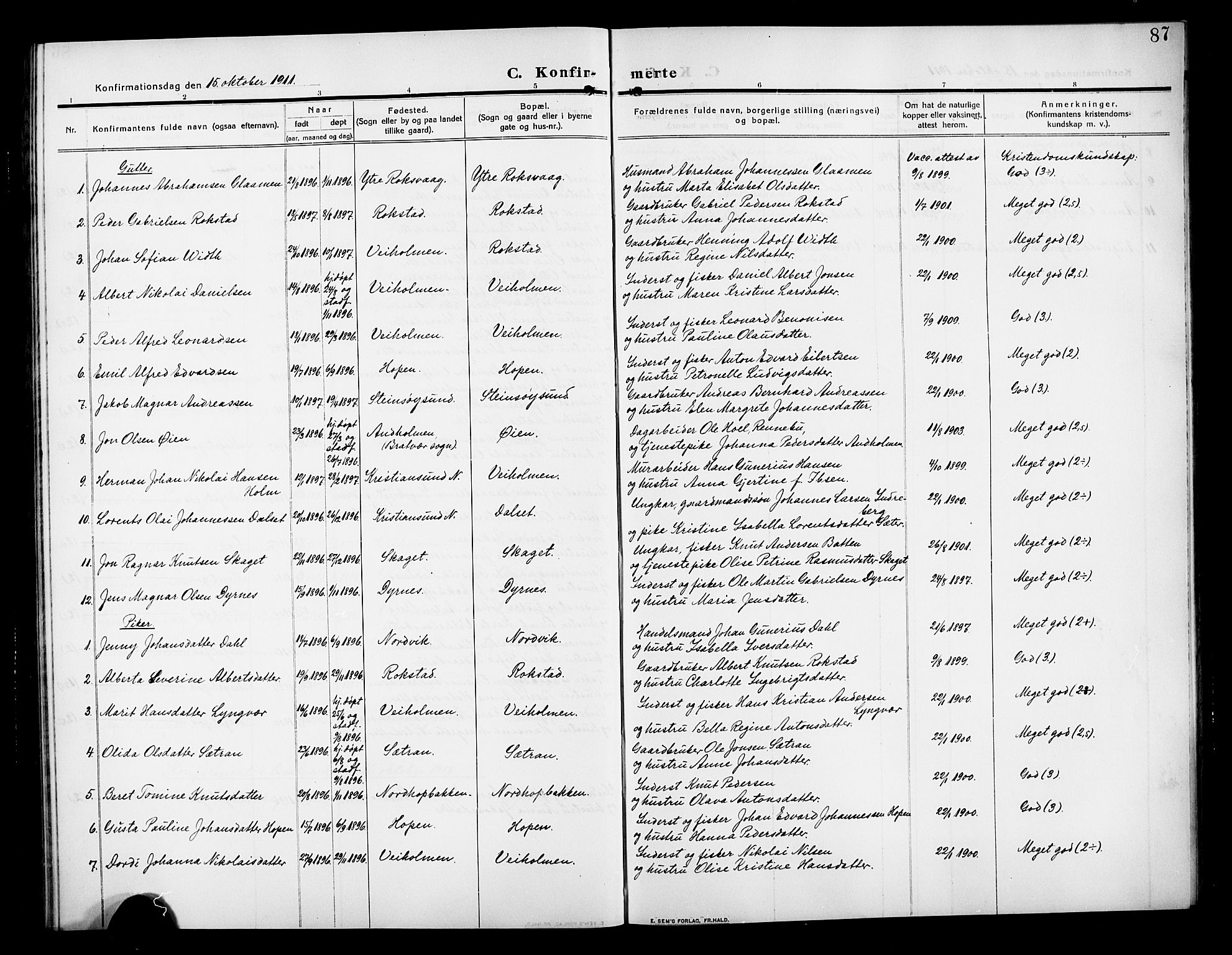 Ministerialprotokoller, klokkerbøker og fødselsregistre - Møre og Romsdal, AV/SAT-A-1454/583/L0956: Parish register (copy) no. 583C01, 1909-1925, p. 87