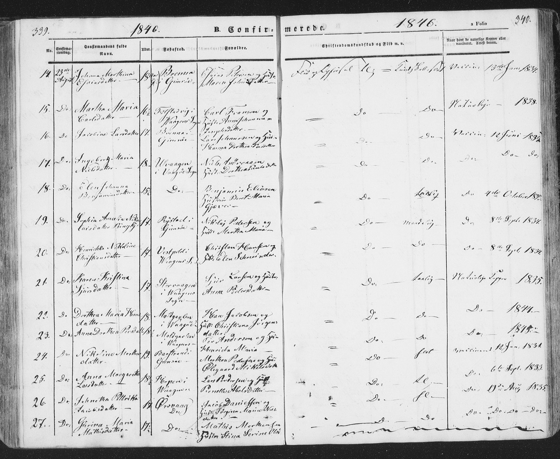 Ministerialprotokoller, klokkerbøker og fødselsregistre - Nordland, SAT/A-1459/874/L1072: Parish register (copy) no. 874C01, 1843-1859, p. 339-340