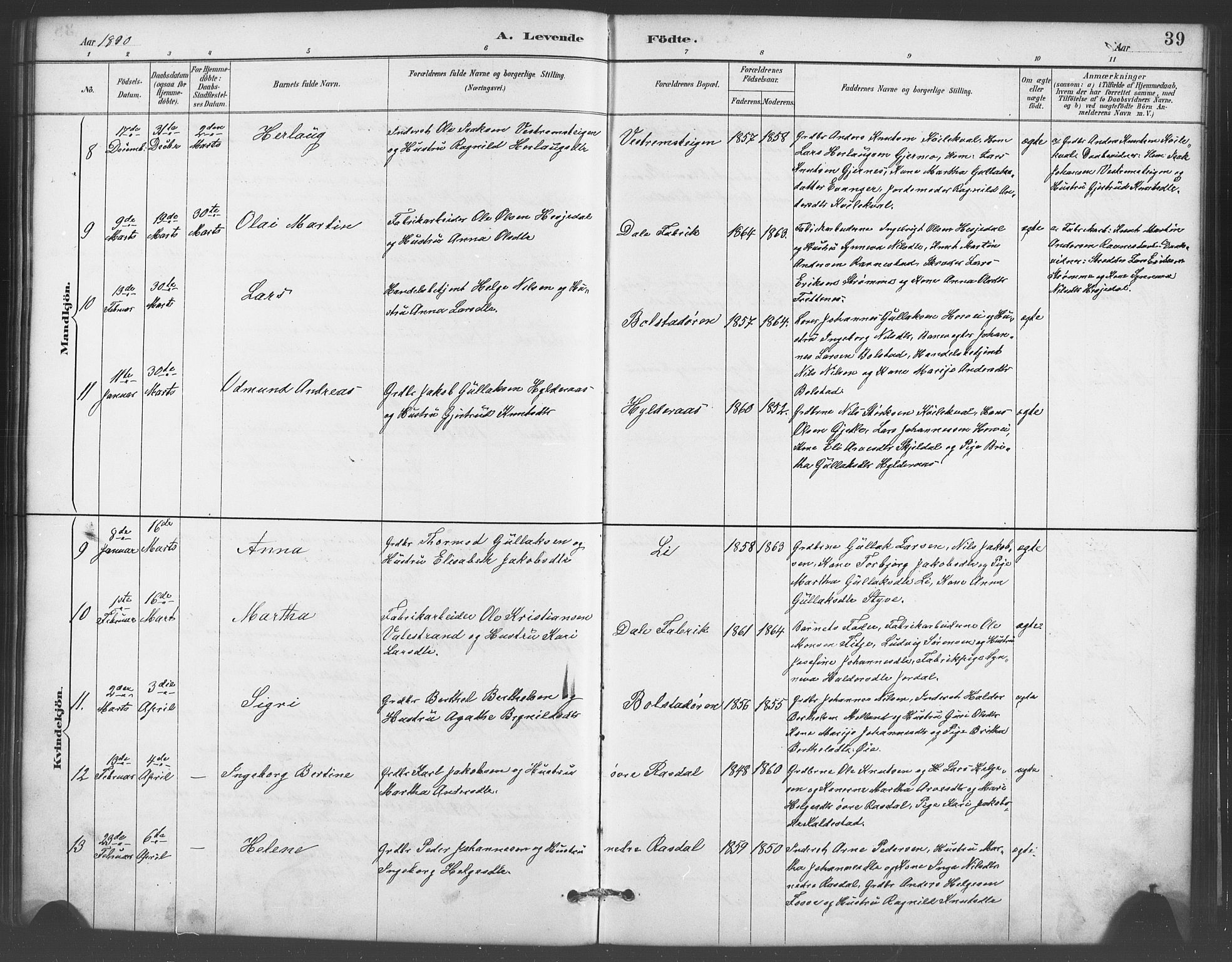 Evanger sokneprestembete, AV/SAB-A-99924: Parish register (copy) no. A 4, 1887-1897, p. 39
