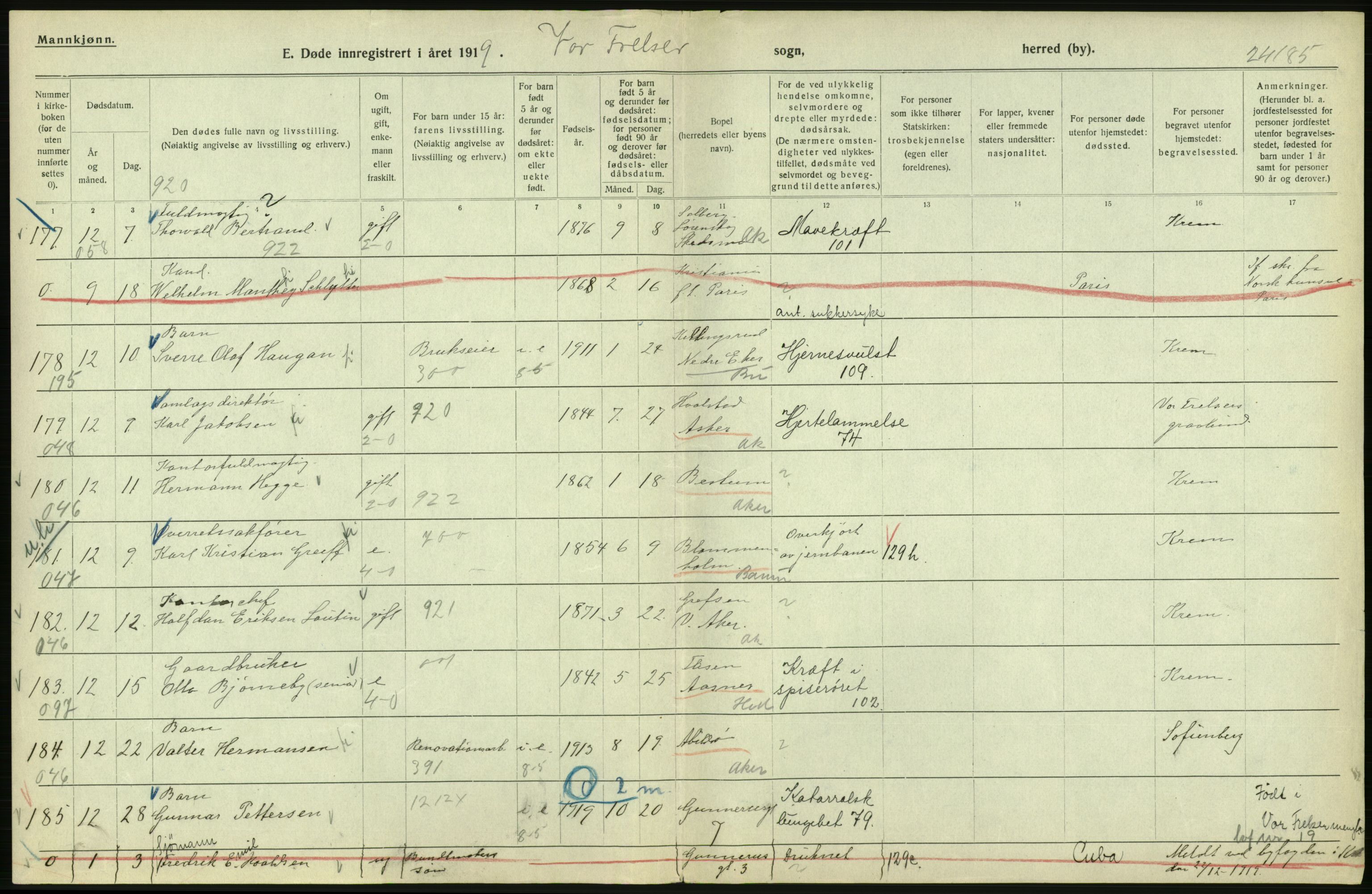 Statistisk sentralbyrå, Sosiodemografiske emner, Befolkning, AV/RA-S-2228/D/Df/Dfb/Dfbi/L0011: Kristiania: Døde, dødfødte, 1919