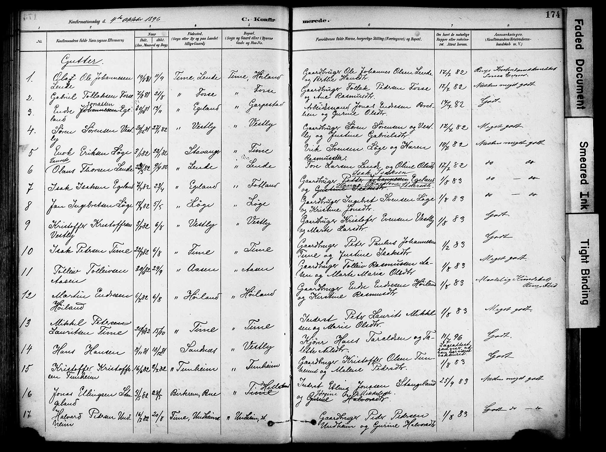 Lye sokneprestkontor, SAST/A-101794/001/30BA/L0011: Parish register (official) no. A 9, 1893-1903, p. 174
