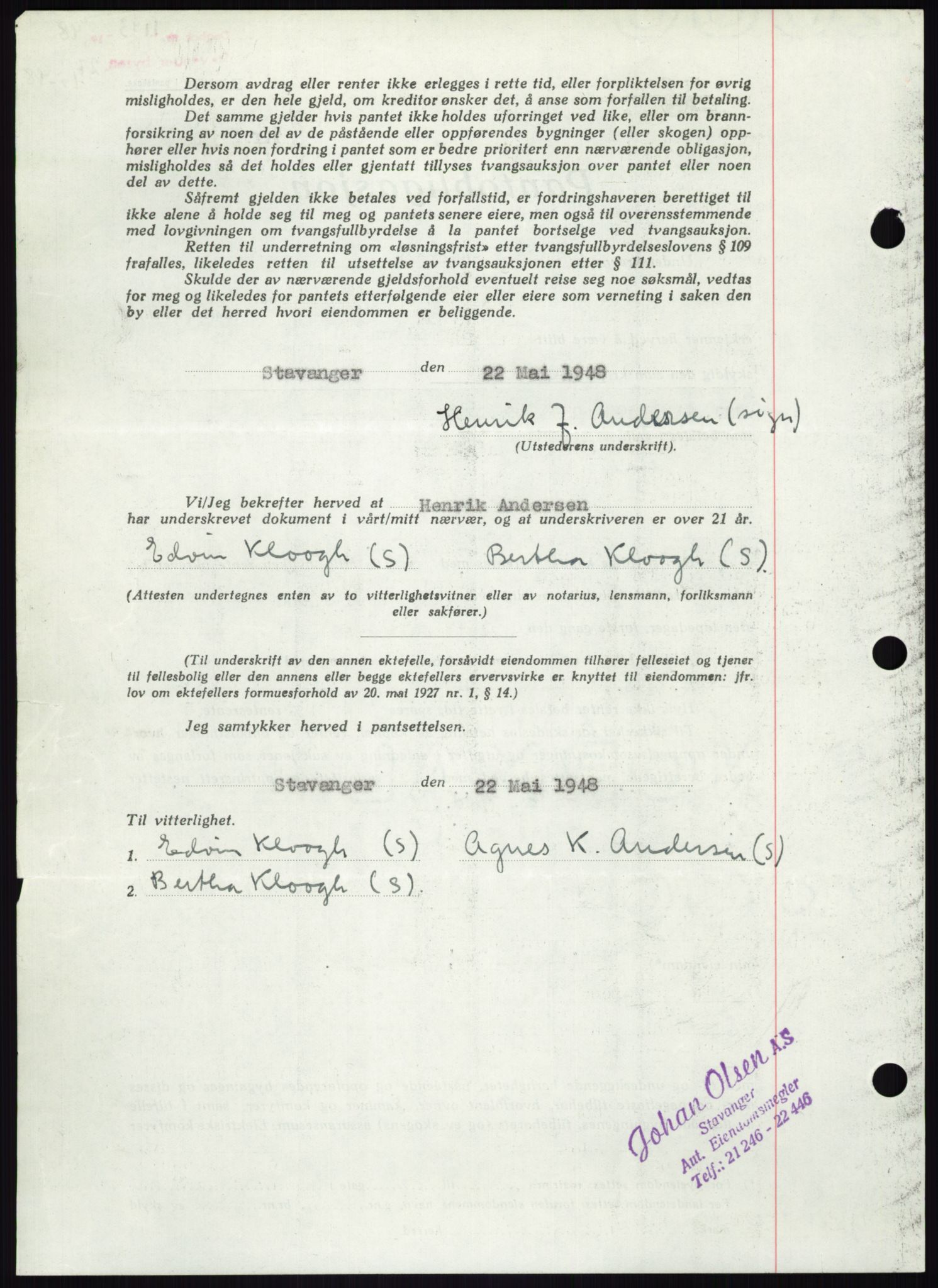 Stavanger byrett, AV/SAST-A-100455/002/G/Gb/L0032: Mortgage book, 1947-1950, Diary no: : 1193/1948