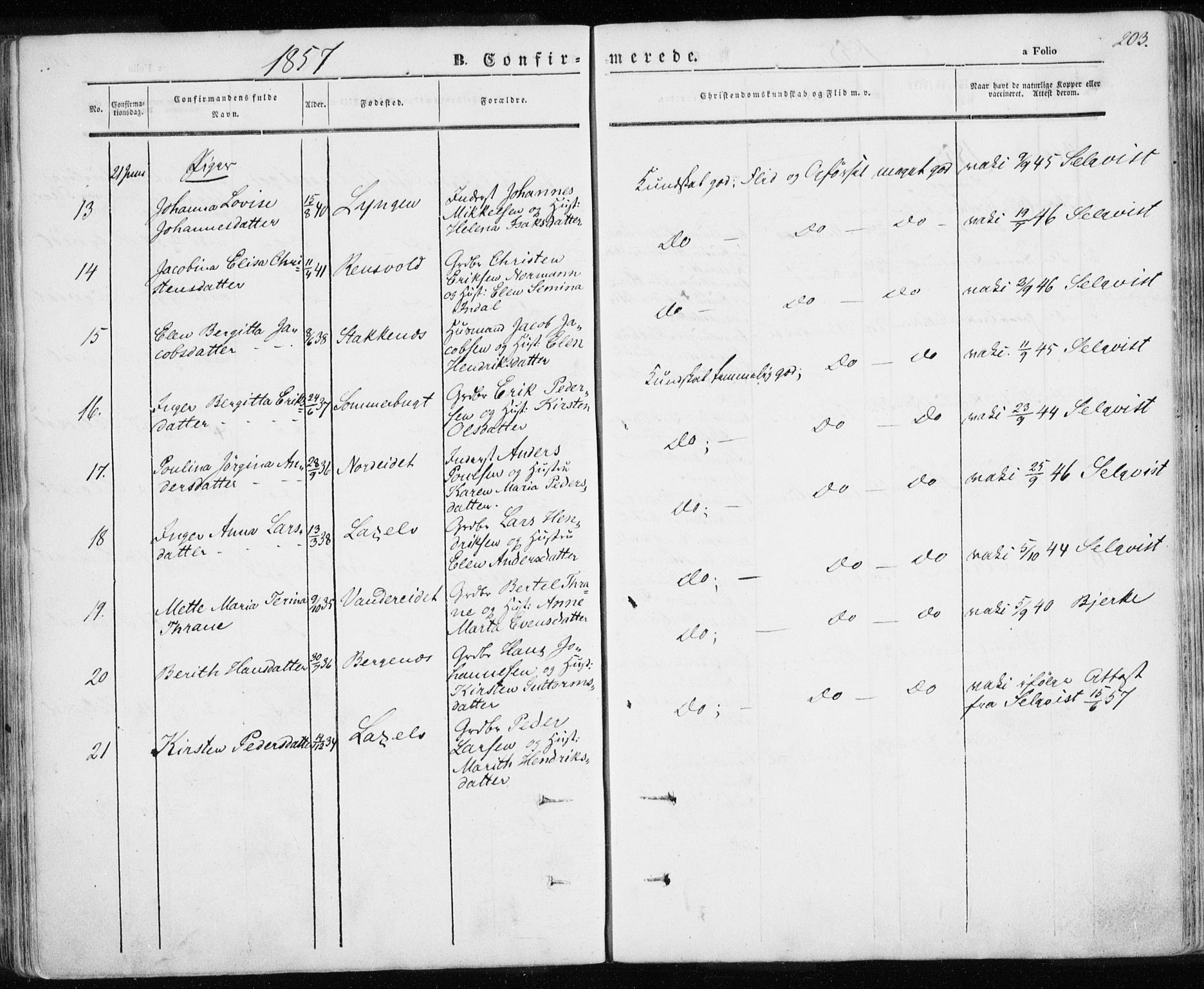 Karlsøy sokneprestembete, AV/SATØ-S-1299/H/Ha/Haa/L0003kirke: Parish register (official) no. 3, 1843-1860, p. 203