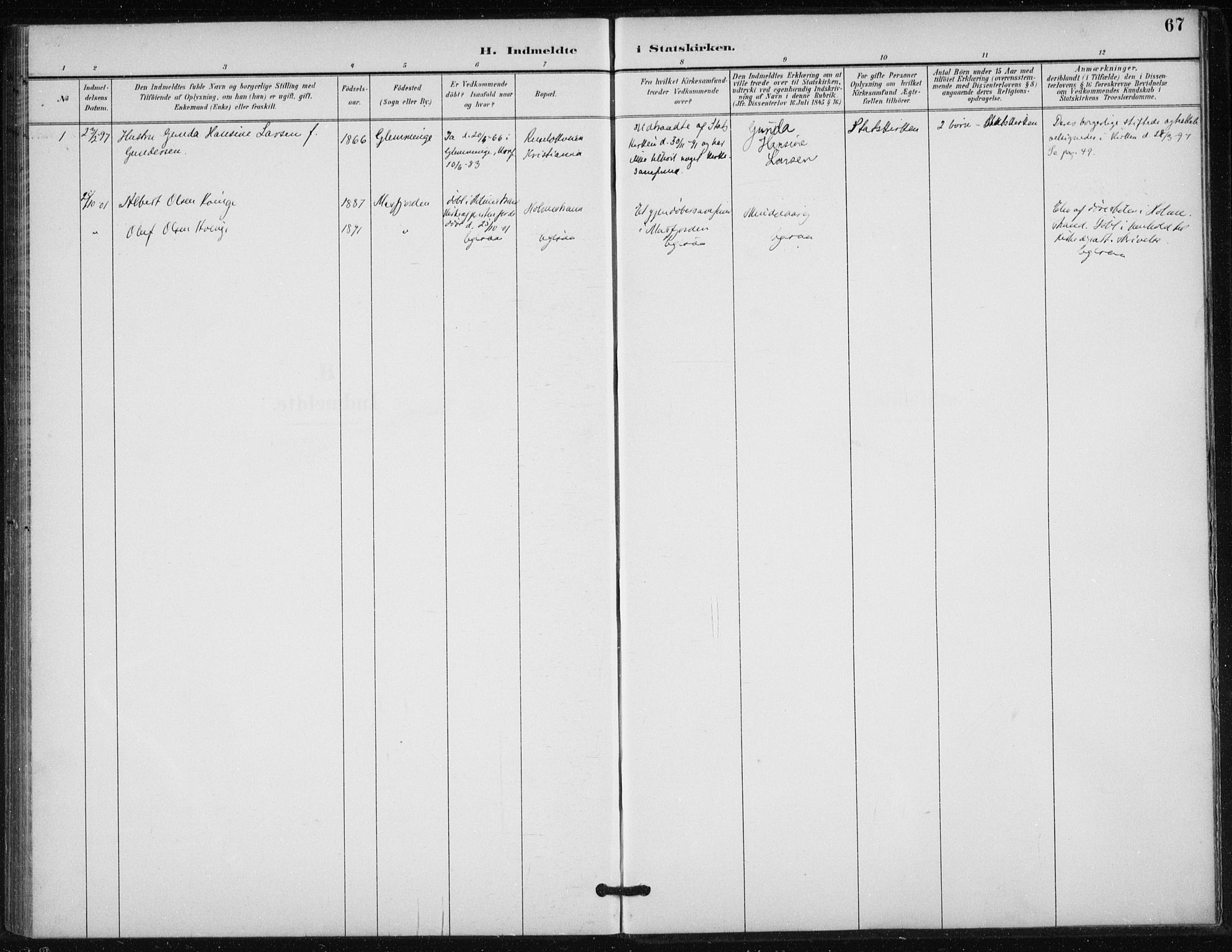 Døves menighet Oslo prestekontor kirkebøker, AV/SAO-A-11064/F/L0001: Parish register (official) no. 1, 1895-1919, p. 67