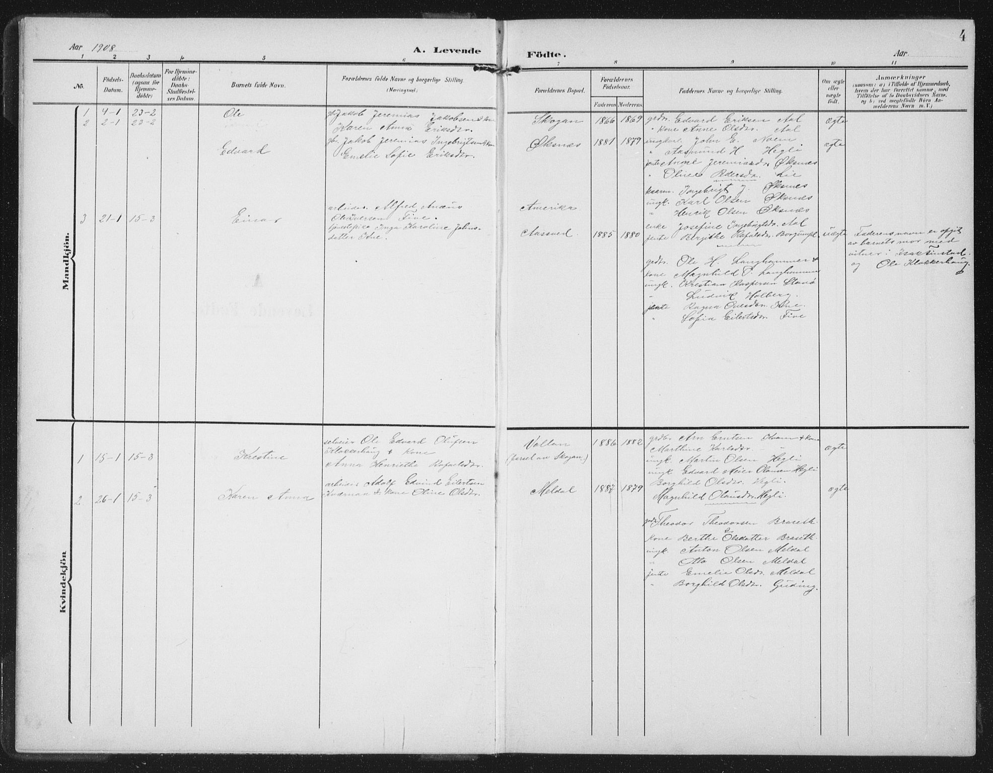Ministerialprotokoller, klokkerbøker og fødselsregistre - Nord-Trøndelag, SAT/A-1458/747/L0460: Parish register (copy) no. 747C02, 1908-1939, p. 4