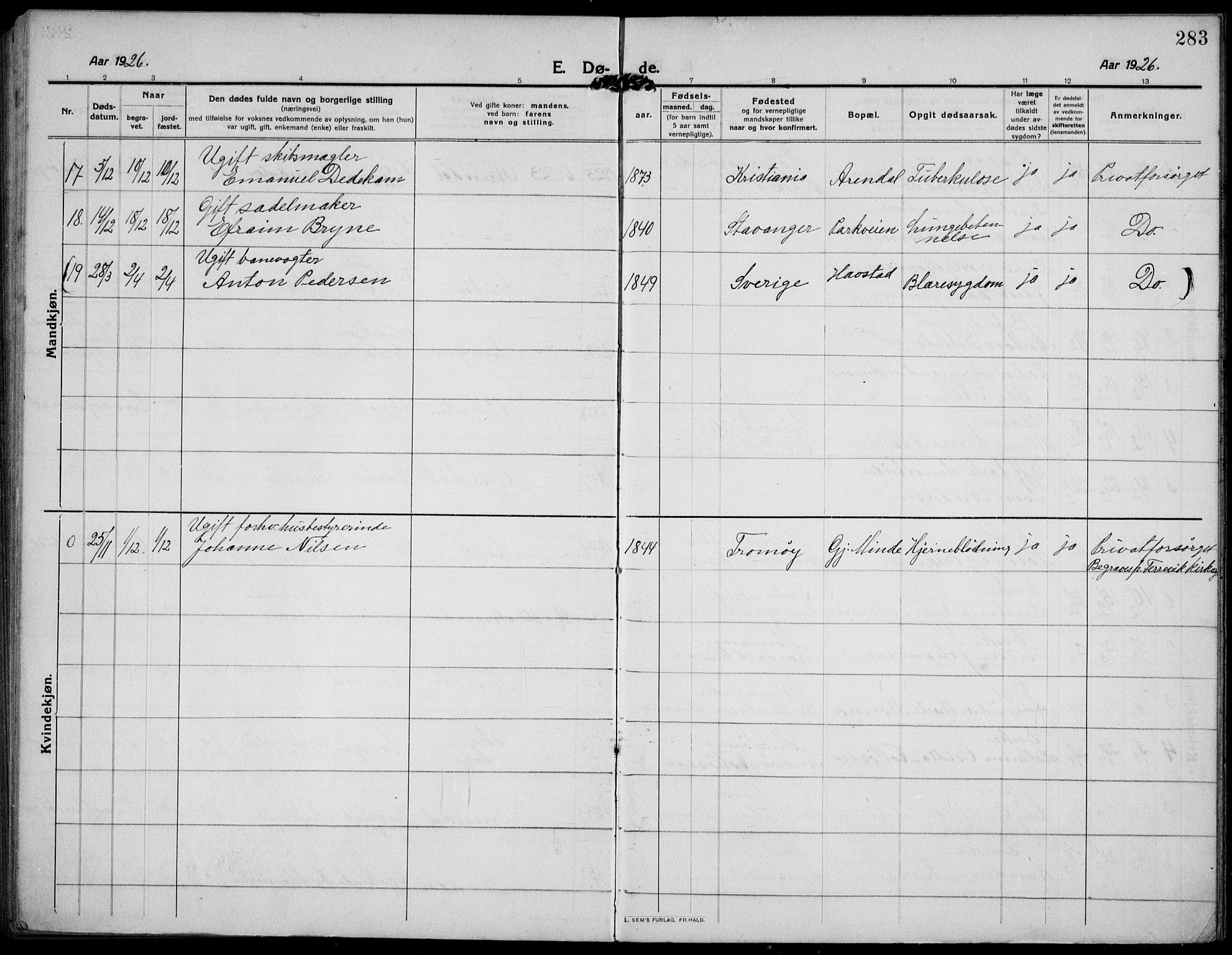 Barbu sokneprestkontor, AV/SAK-1111-0003/F/Fb/L0004: Parish register (copy) no. B 4, 1911-1936, p. 283