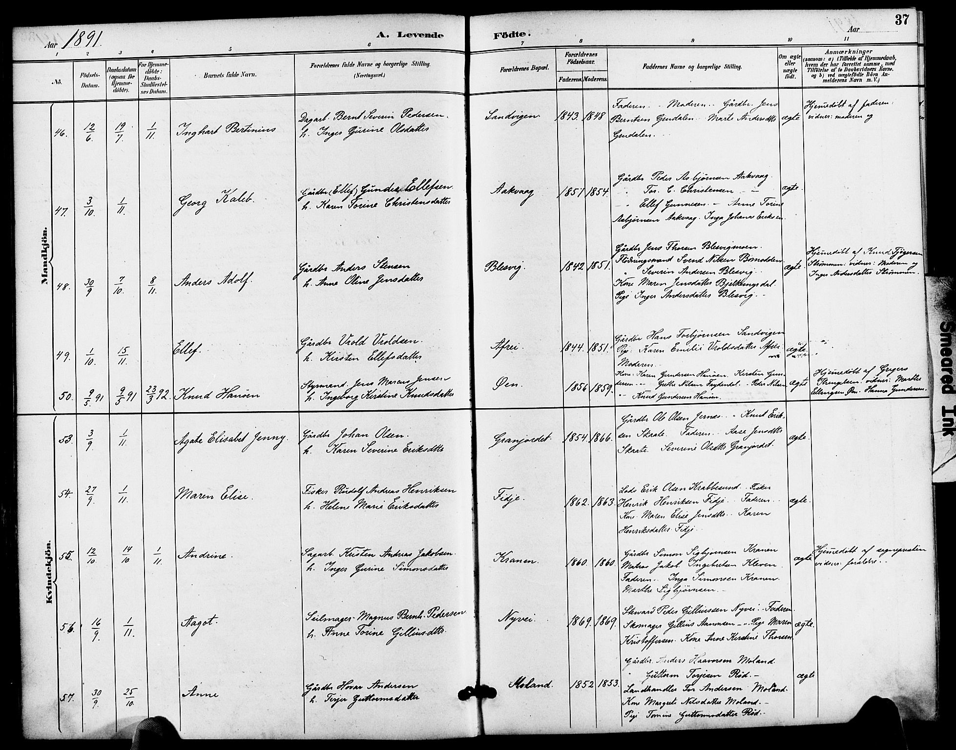 Søndeled sokneprestkontor, AV/SAK-1111-0038/F/Fa/L0005: Parish register (official) no. A 5, 1889-1899, p. 37