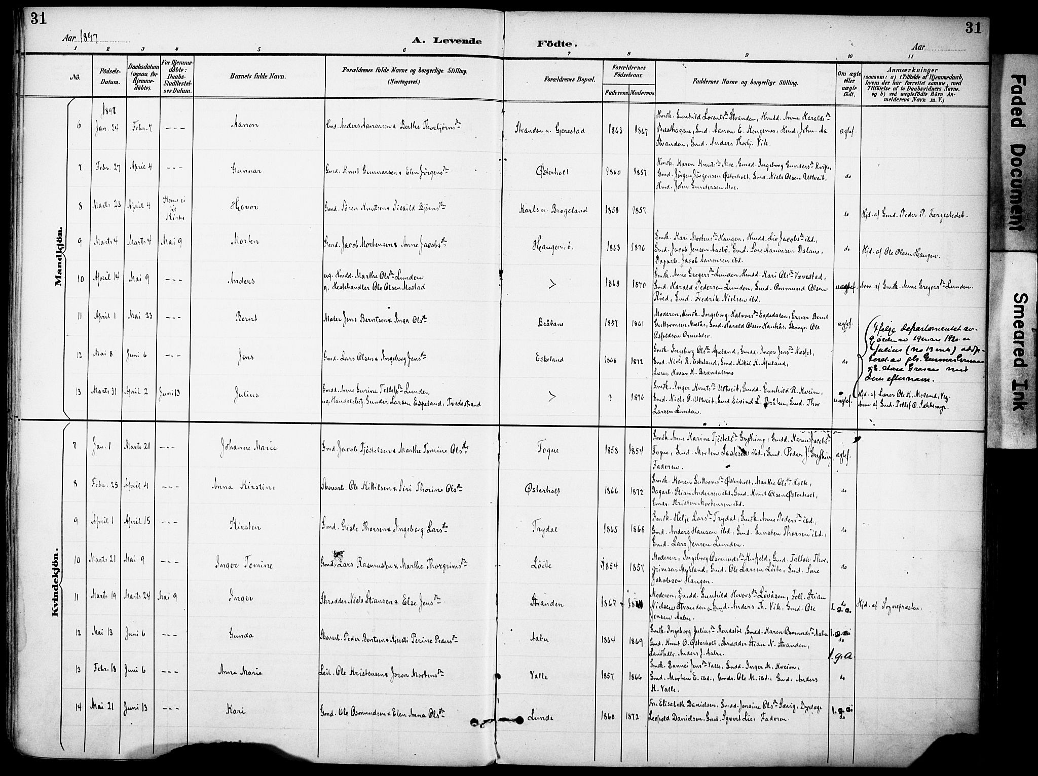 Gjerstad sokneprestkontor, AV/SAK-1111-0014/F/Fa/Faa/L0010: Parish register (official) no. A 10, 1891-1902, p. 31