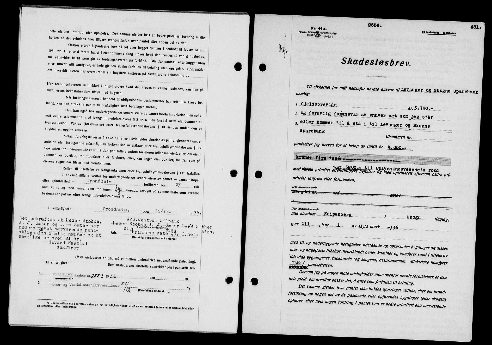 Stjør- og Verdal sorenskriveri, SAT/A-4167/1/2/2C/L0078: Mortgage book no. 46, 1936-1937, Diary no: : 2554/1936