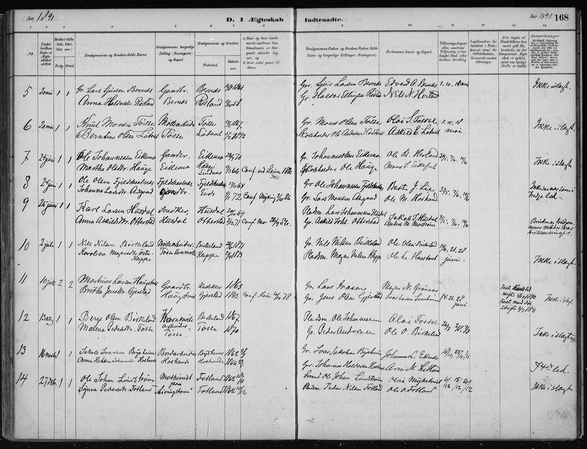 Hosanger sokneprestembete, AV/SAB-A-75801/H/Haa: Parish register (official) no. B  1, 1880-1896, p. 168