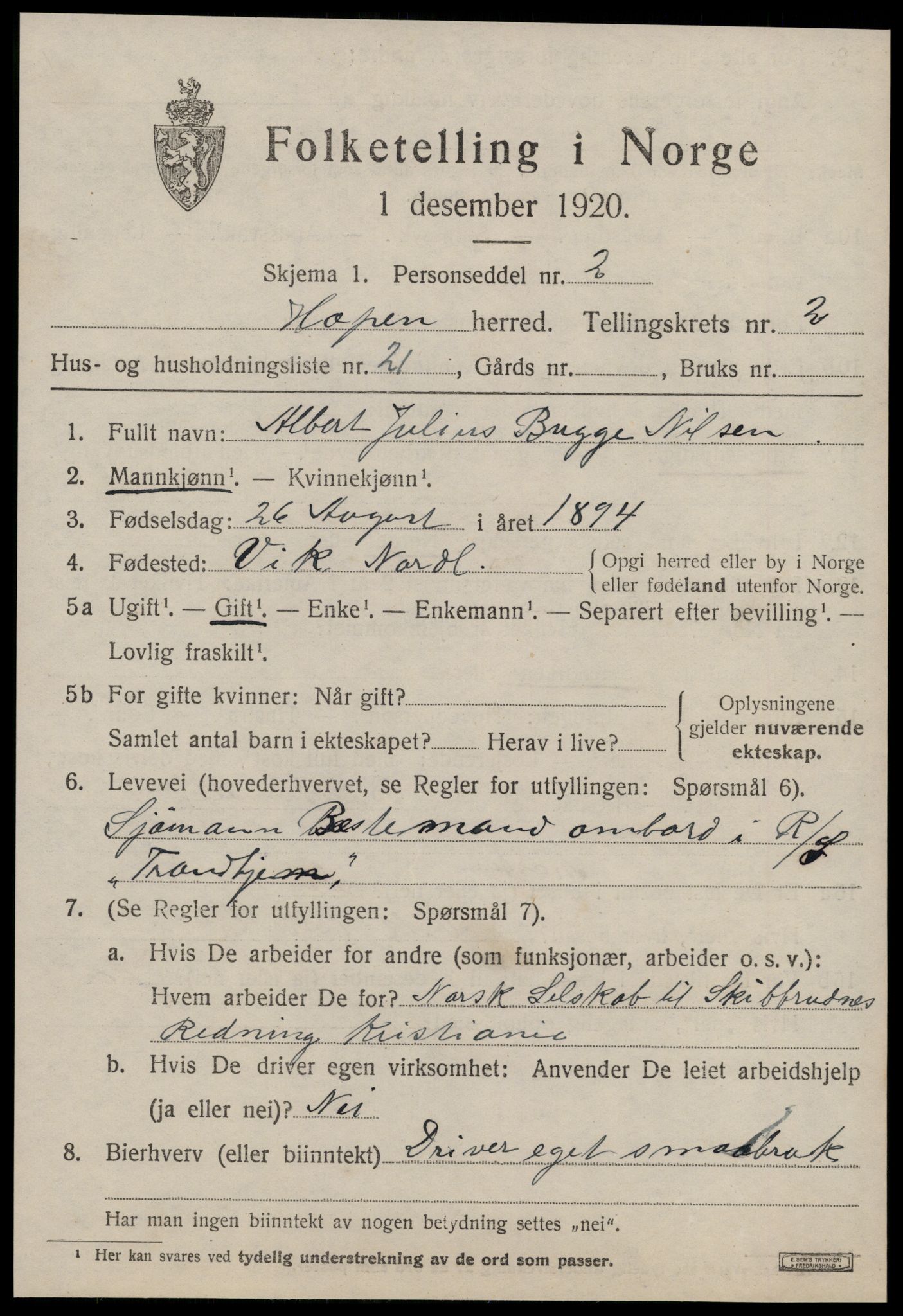 SAT, 1920 census for Hopen, 1920, p. 1492