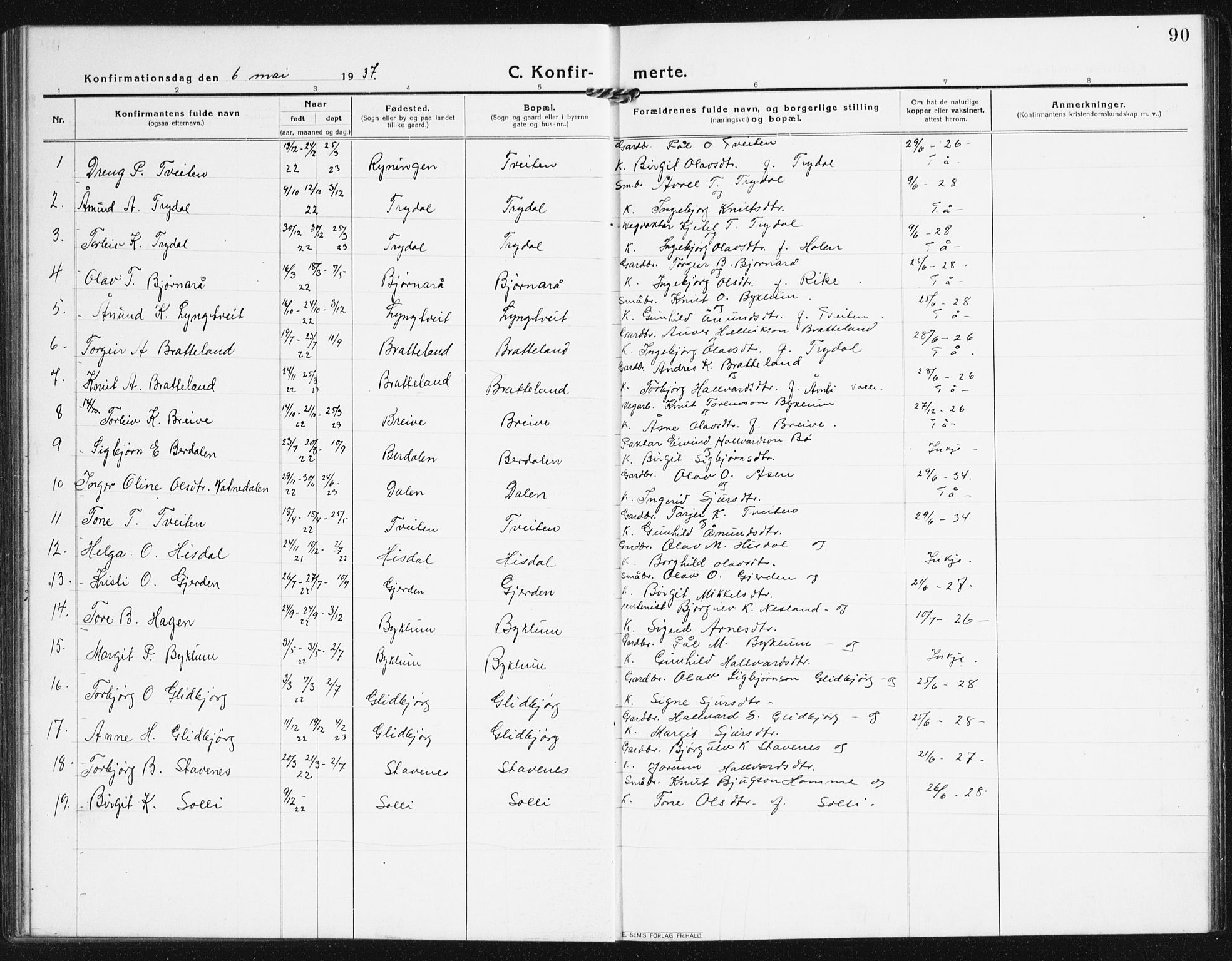 Valle sokneprestkontor, AV/SAK-1111-0044/F/Fb/Fba/L0004: Parish register (copy) no. B 4, 1917-1944, p. 90