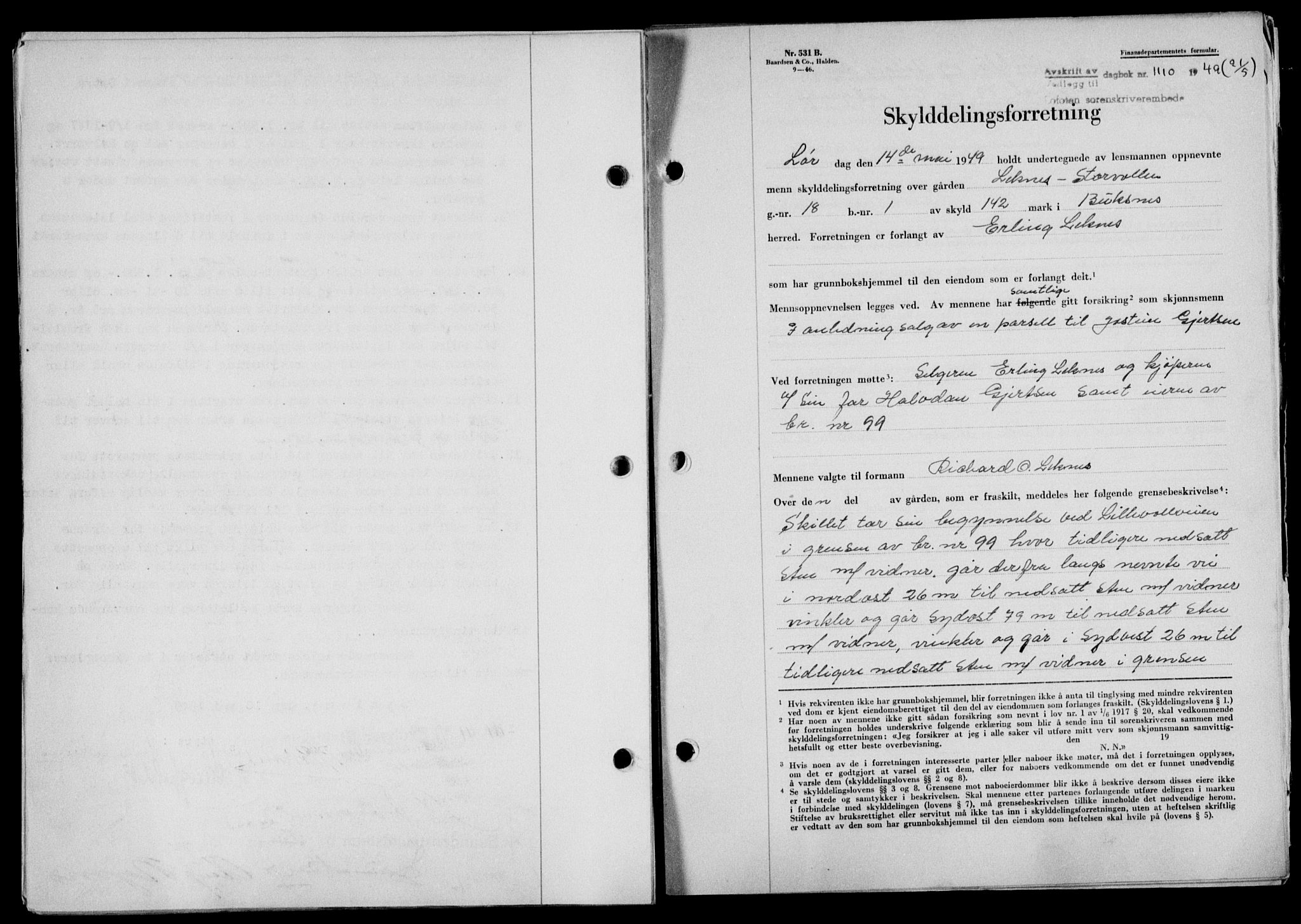 Lofoten sorenskriveri, SAT/A-0017/1/2/2C/L0020a: Mortgage book no. 20a, 1948-1949, Diary no: : 1110/1949