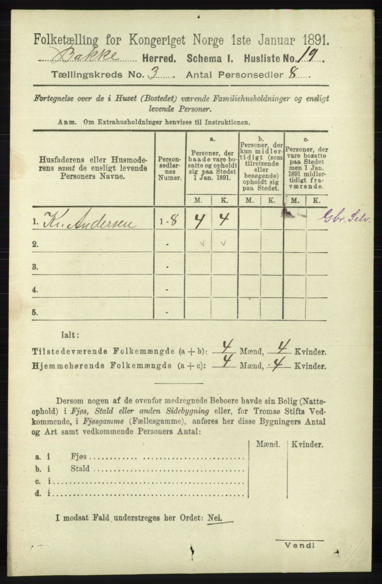 RA, 1891 census for 1045 Bakke, 1891, p. 407