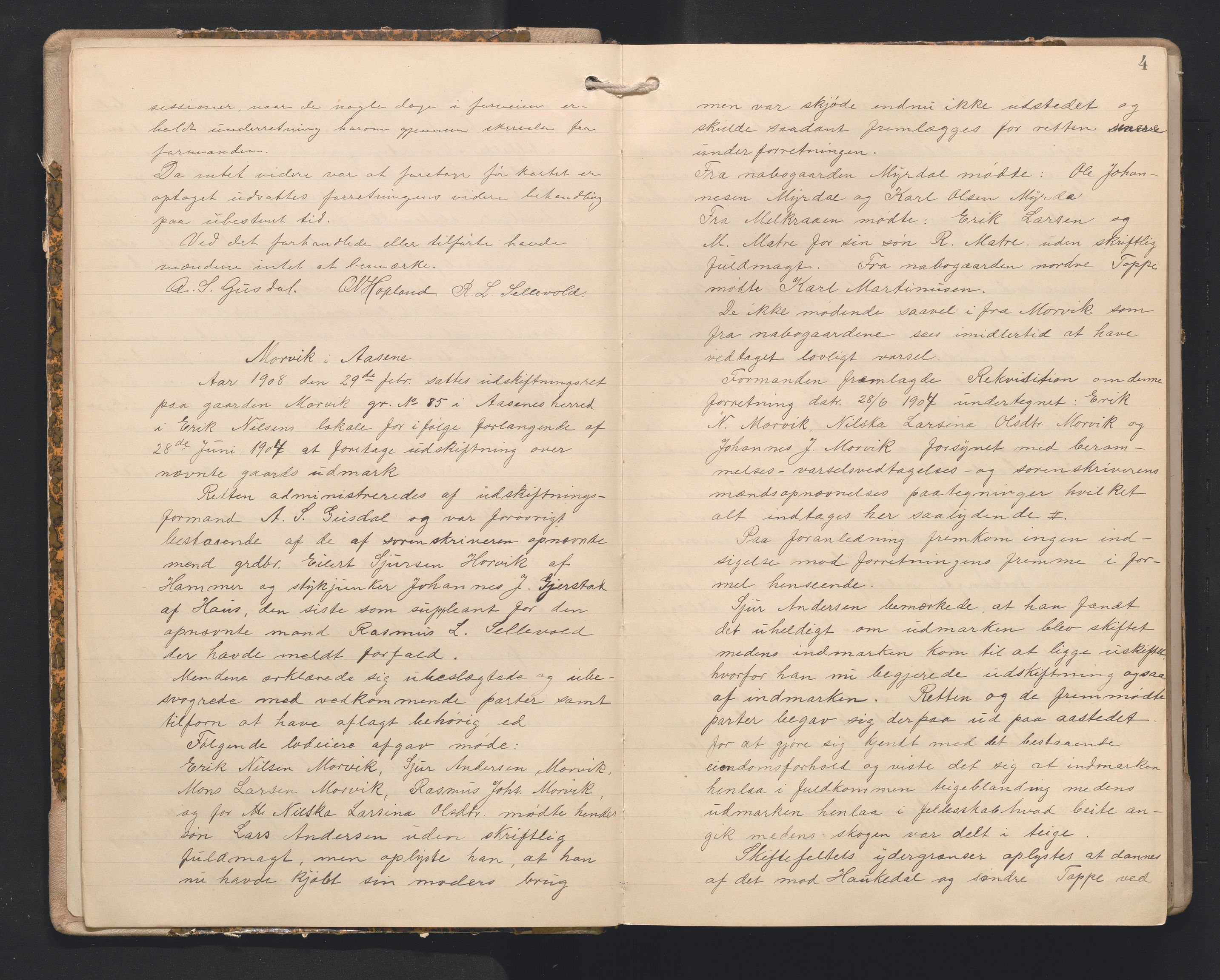 Hordaland jordskiftedøme - I Nordhordland jordskiftedistrikt, AV/SAB-A-6801/A/Aa/L0018: Forhandlingsprotokoll, 1908-1911, p. 3b-4a