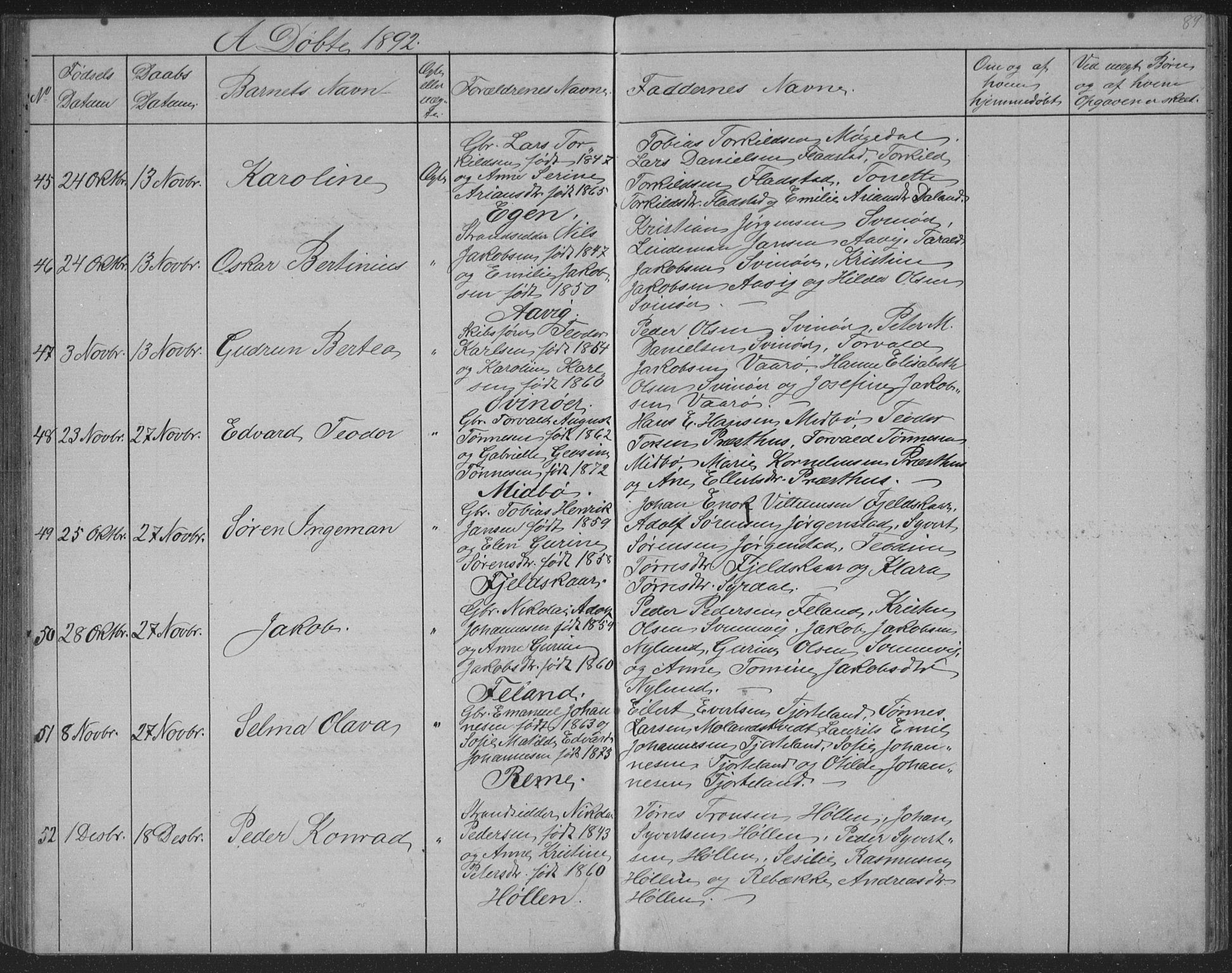 Sør-Audnedal sokneprestkontor, AV/SAK-1111-0039/F/Fb/Fba/L0003: Parish register (copy) no. B 3, 1879-1893, p. 89