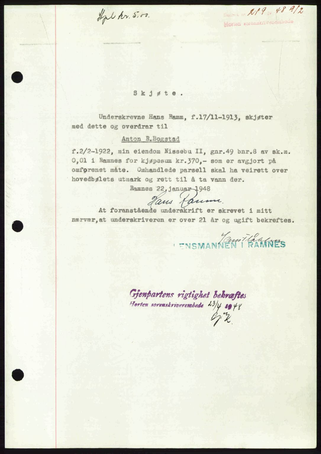 Horten sorenskriveri, AV/SAKO-A-133/G/Ga/Gaa/L0010: Mortgage book no. A-10, 1947-1948, Diary no: : 219/1948