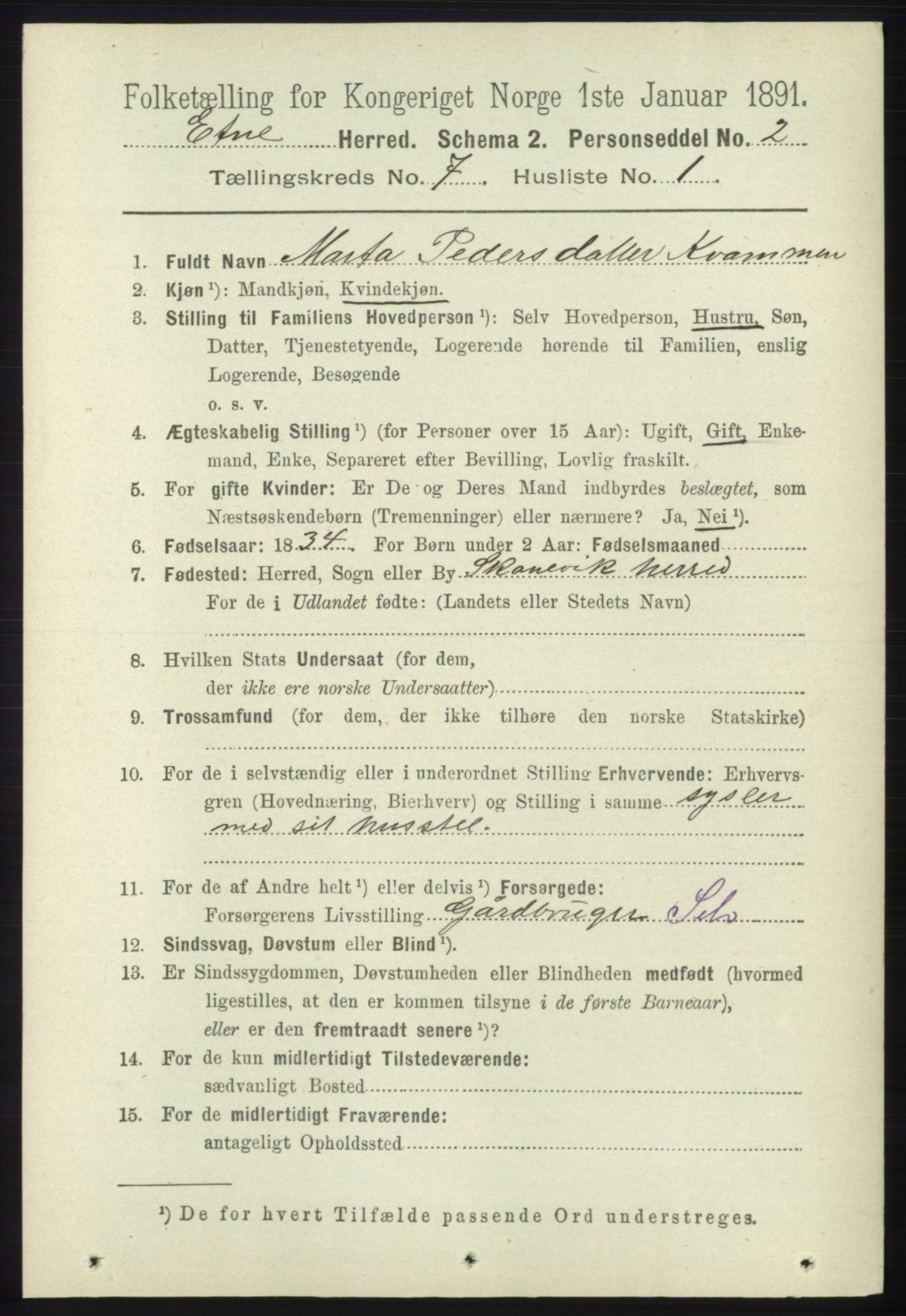 RA, 1891 census for 1211 Etne, 1891, p. 1393