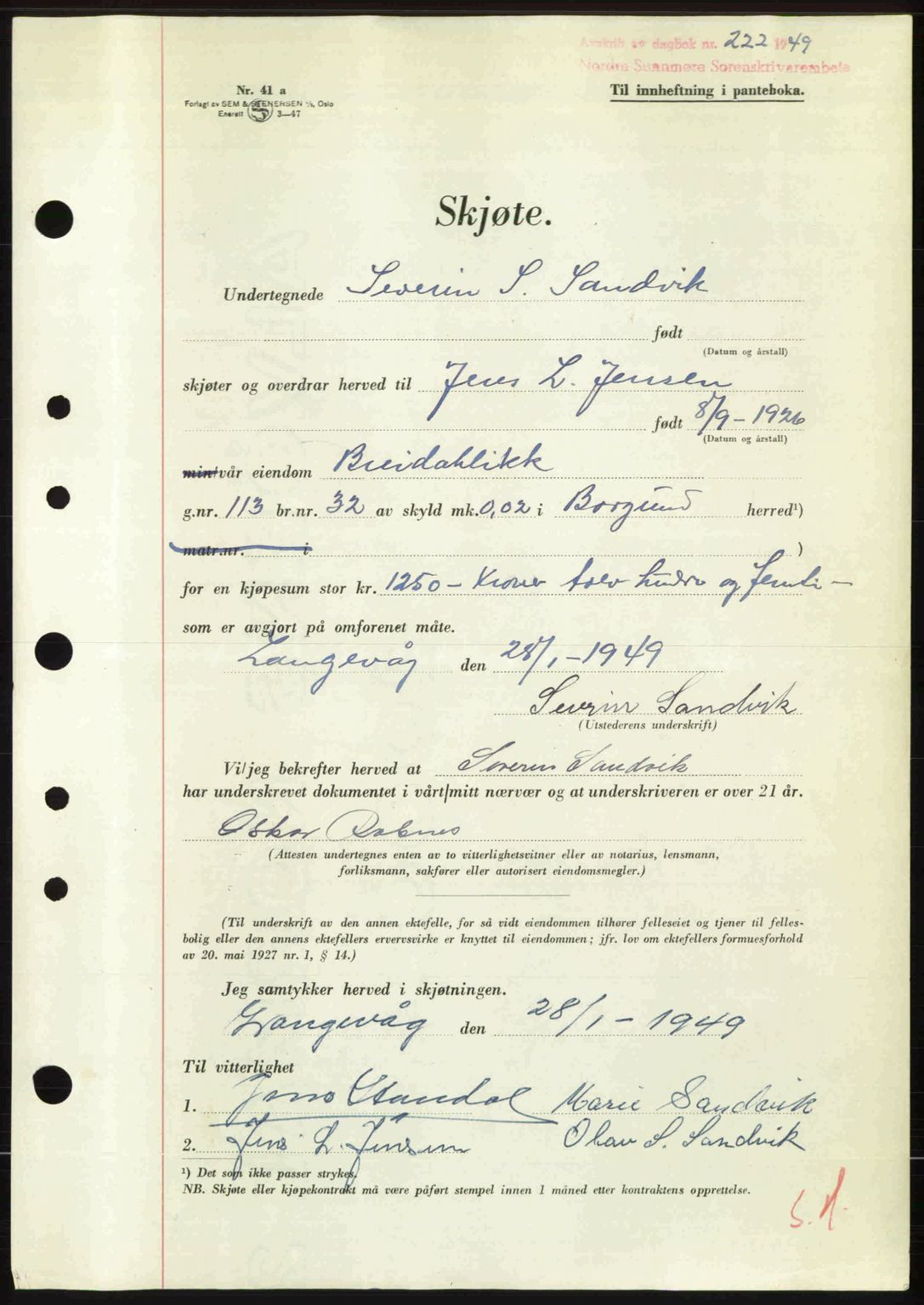 Nordre Sunnmøre sorenskriveri, AV/SAT-A-0006/1/2/2C/2Ca: Mortgage book no. A29, 1948-1949, Diary no: : 222/1949