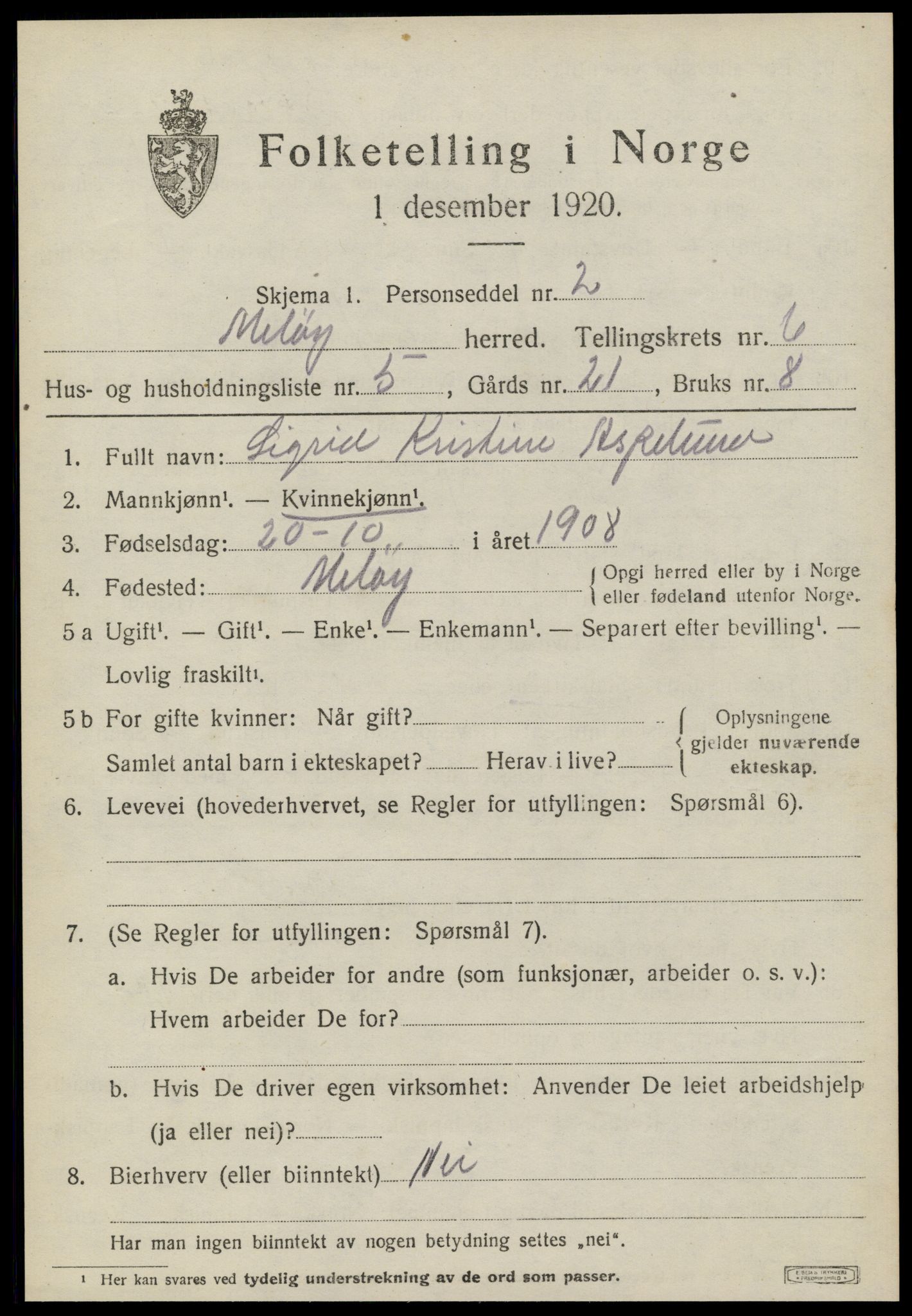 SAT, 1920 census for Meløy, 1920, p. 3453