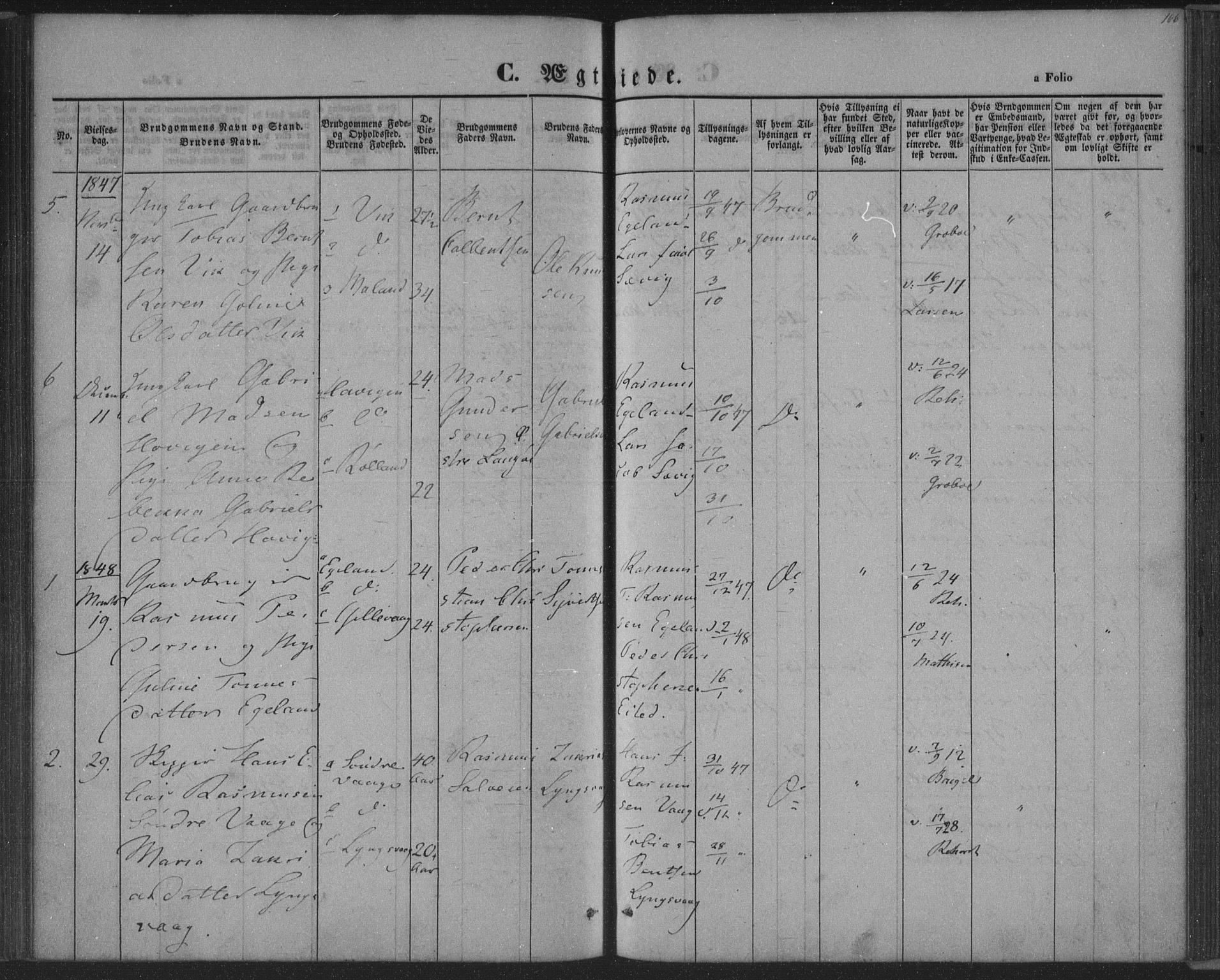 Herad sokneprestkontor, SAK/1111-0018/F/Fa/Fab/L0003: Parish register (official) no. A 3, 1844-1853, p. 166