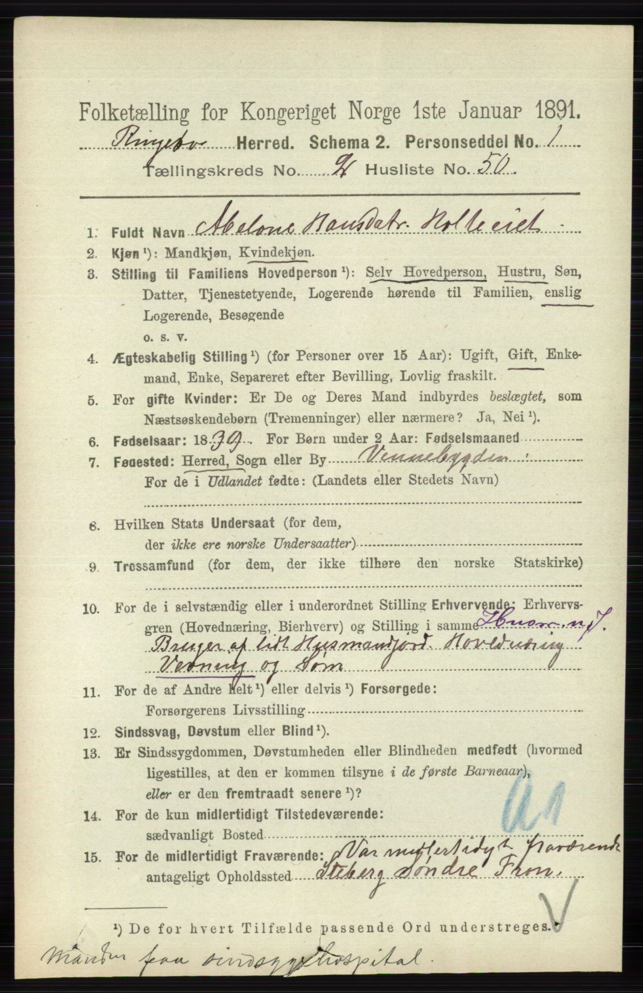 RA, 1891 census for 0520 Ringebu, 1891, p. 619