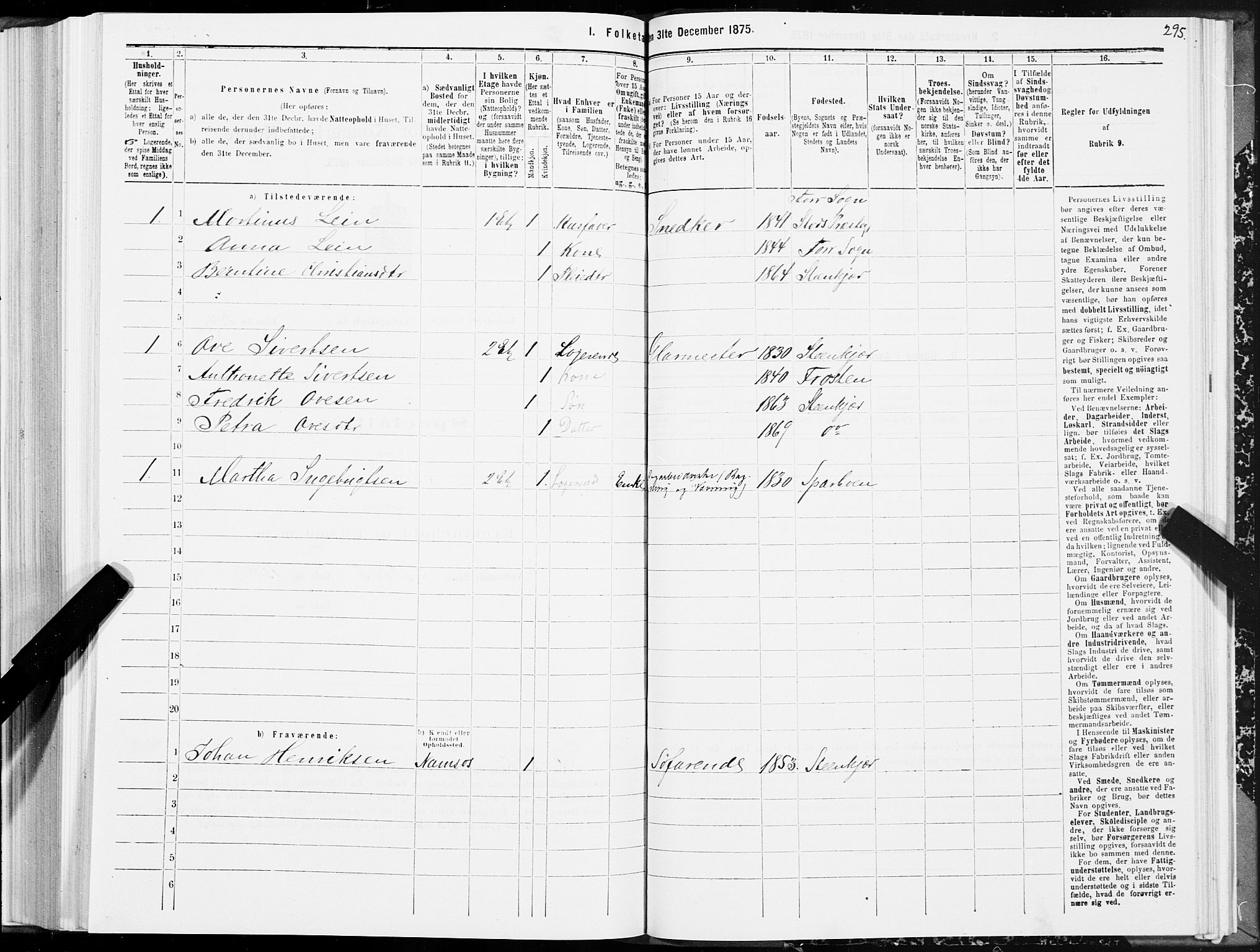 SAT, 1875 census for 1702B Steinkjer/Steinkjer, 1875, p. 295