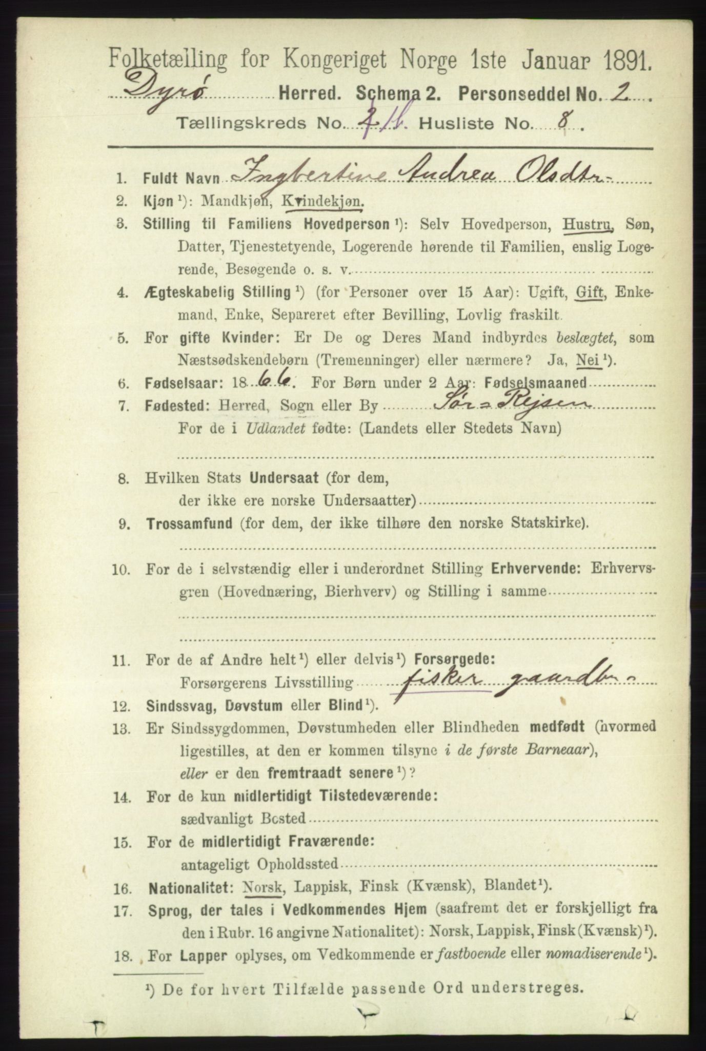 RA, 1891 census for 1926 Dyrøy, 1891, p. 441