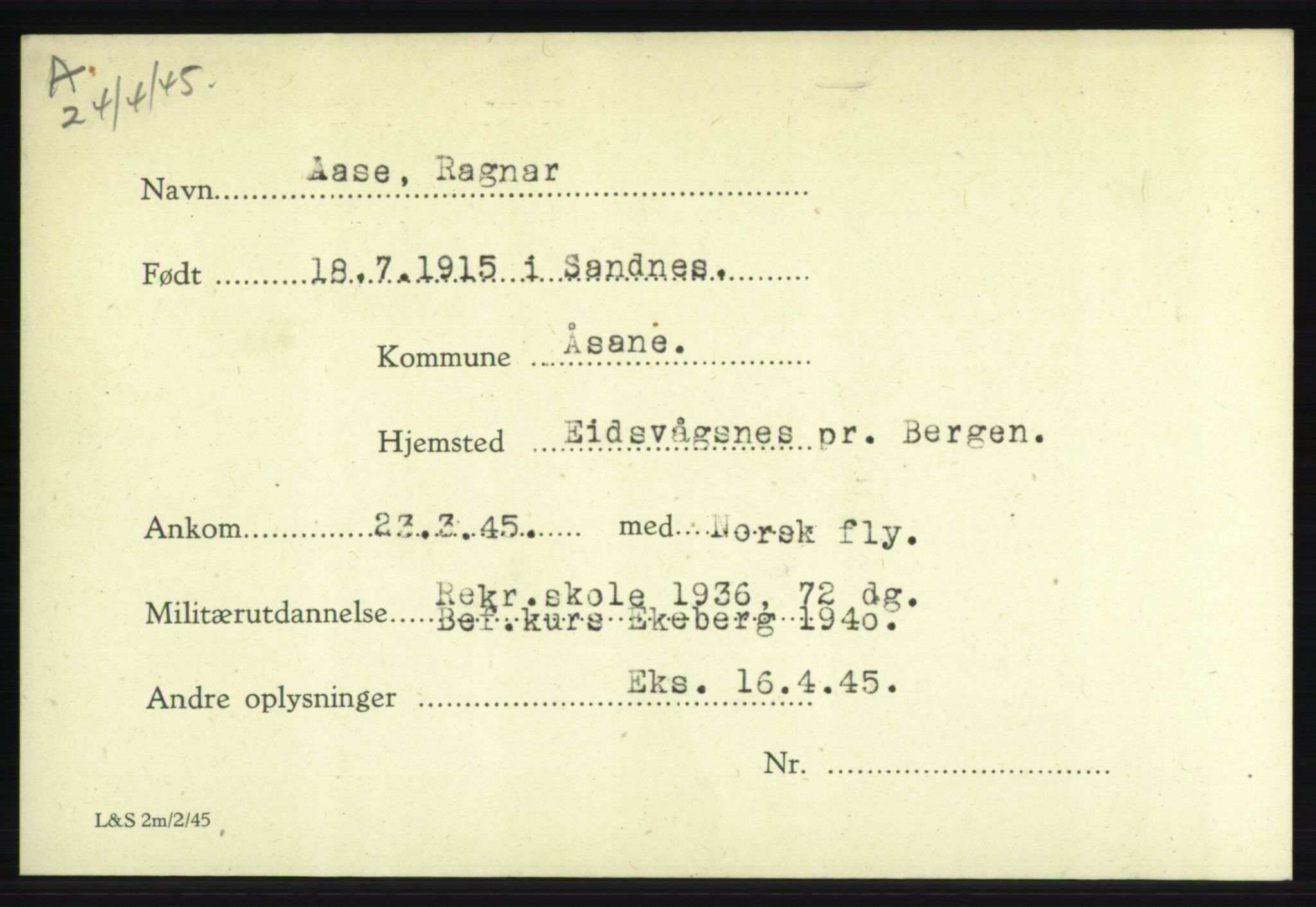 Forsvarets Overkommando. 2. kontor. Arkiv 8.1. Mottakersentralen FDE og FO.II, AV/RA-RAFA-6952/P/Pa/L0001: AA/Å - Andvig , 1940-1945, p. 153